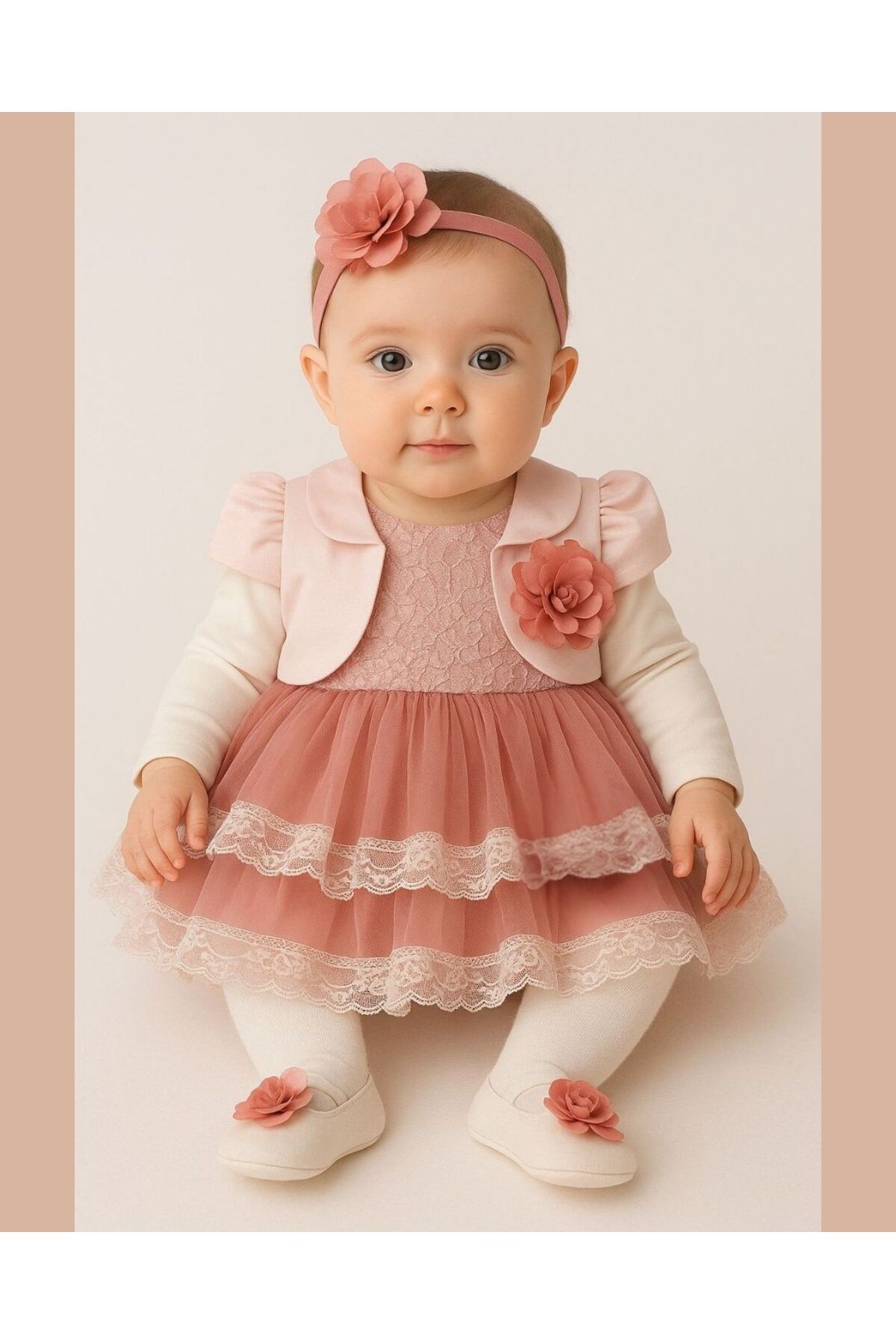 Ponpon Baby Kız bebek çiçekli ceketli 6 parça lüks mevlüt elbisesi yenidoğan elbise bebek hediyelik fotoğrafı 3 (önizleme)