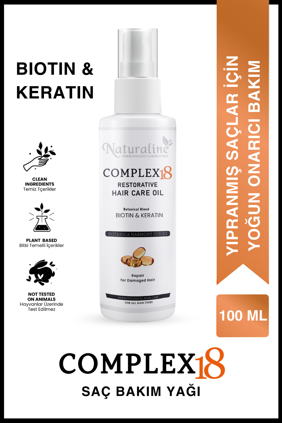 Naturaline Complex 18 Bitkisel Yağlı Saç Bakım Yağı – Kırık Karşıtı & Onarıcı Bakım 100 ml — 045