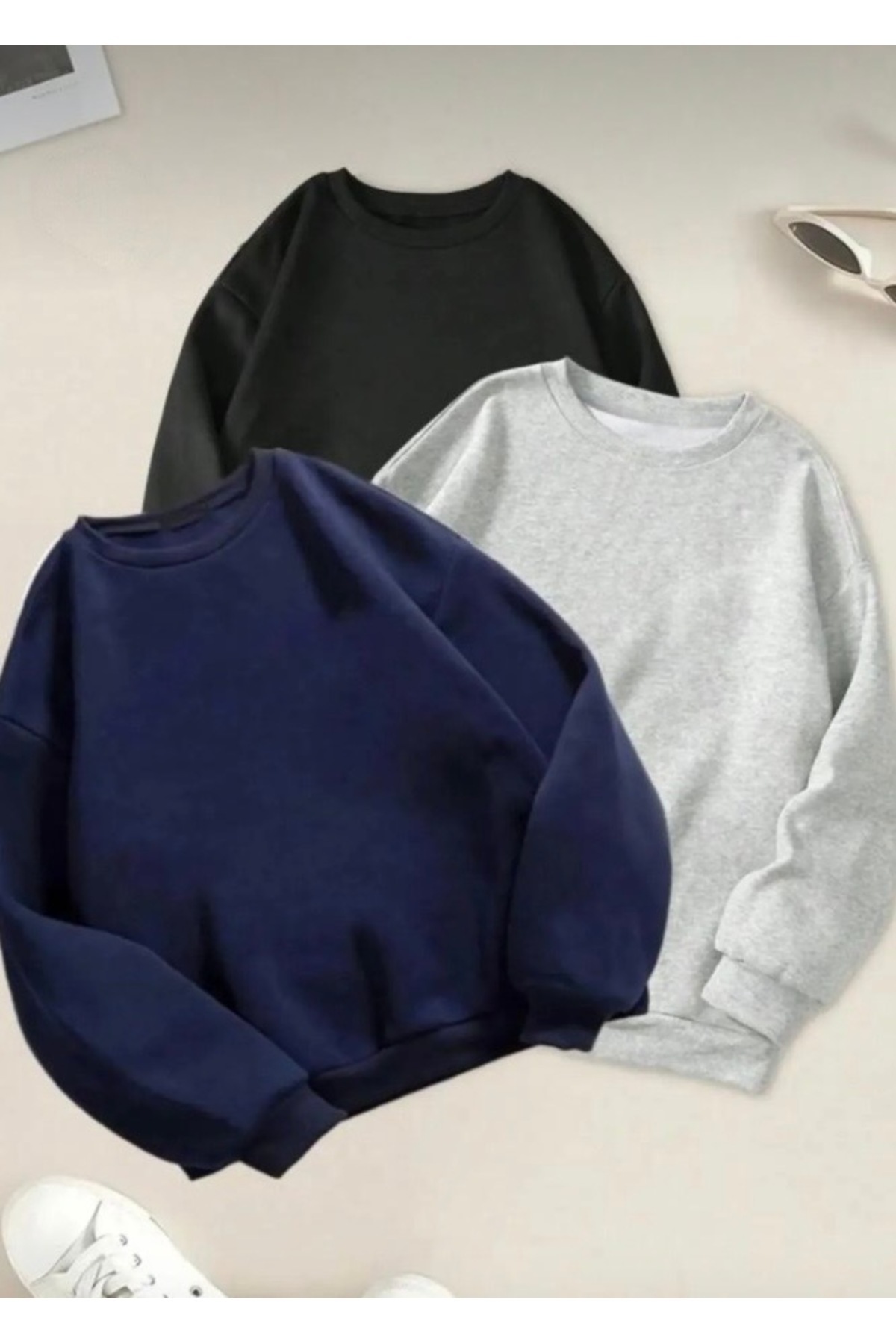 BYMEER  3’lü Bisiklet Yaka Siyah Gri Lacivert Sweatshirt - Görsel 2