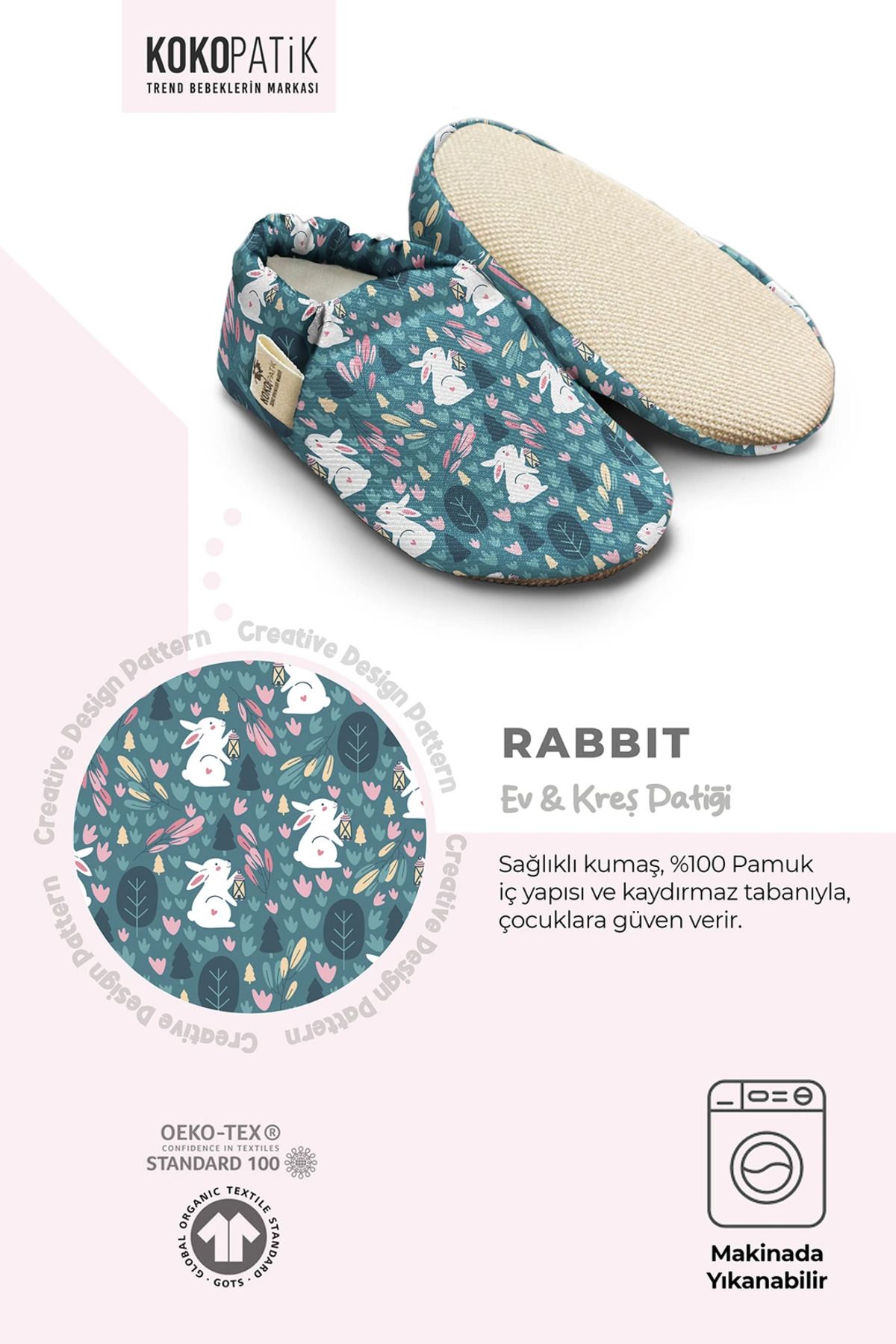 Kokopatik-,Non-Slip Sole,Organic Cotton Home Nursery Booties,Rabbit Patterned Booties 3