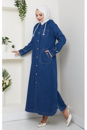 Hb Harma Time Butik Kadın Cepli Düğmeli Kapüşonlu Denim Koyu Mavi Trençkot