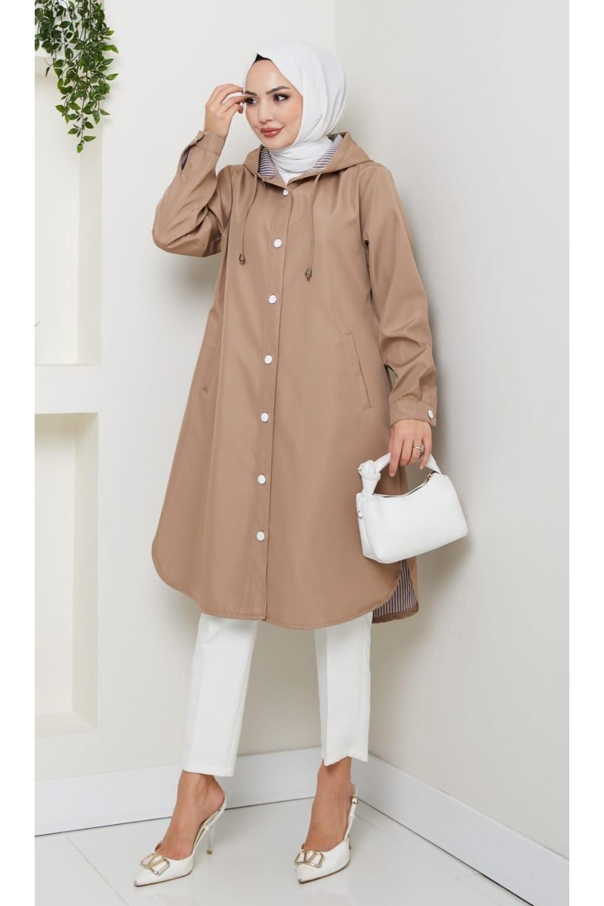 Hb Harma Time Butik Kadın Kapüşonlu İçi Çizgili Mevsimlik Vizon Trenç