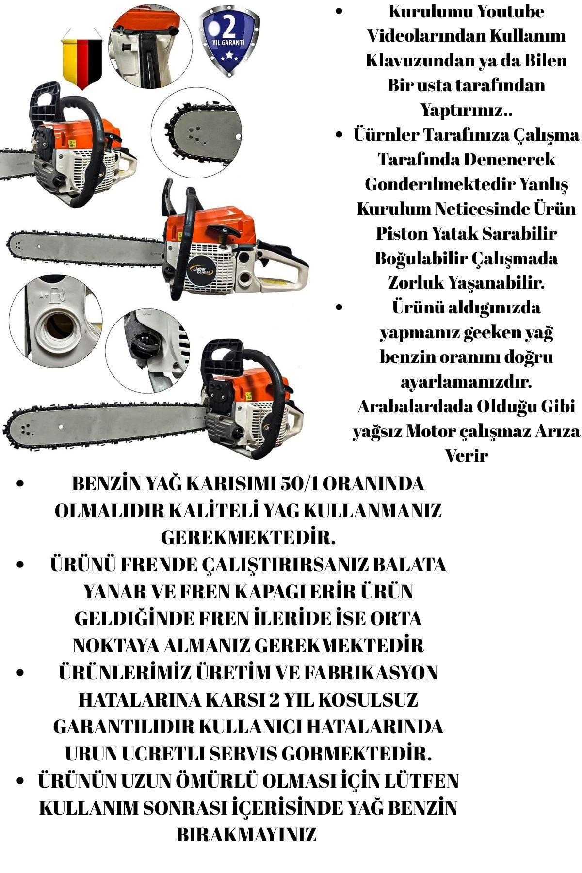 Lieber German LGT5800 Benzinli 2.1Hp Magnezyum Karter Zincirli