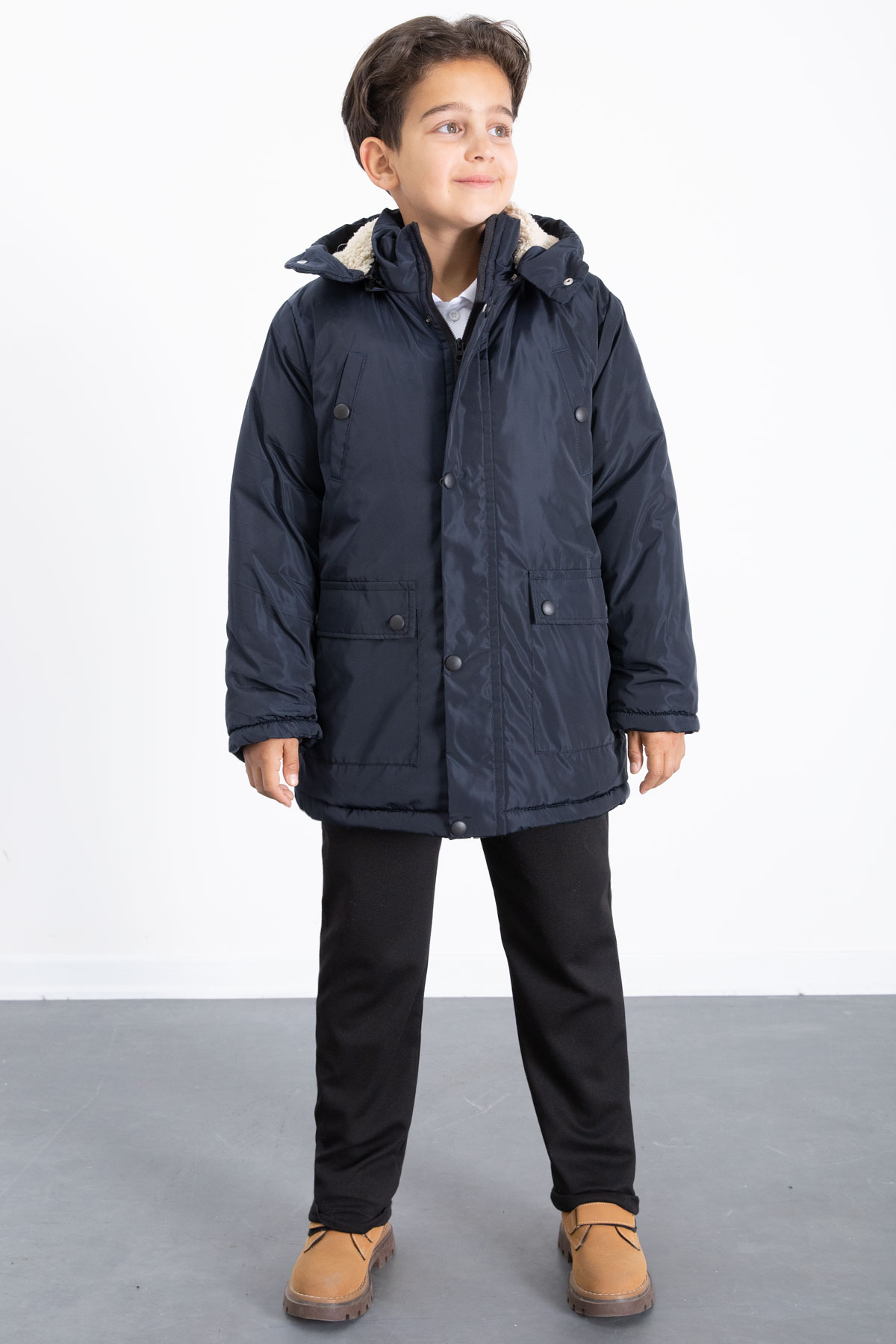 Navy Blue Furry Detachable Hooded Basic Boys Inflatable Coat 21436