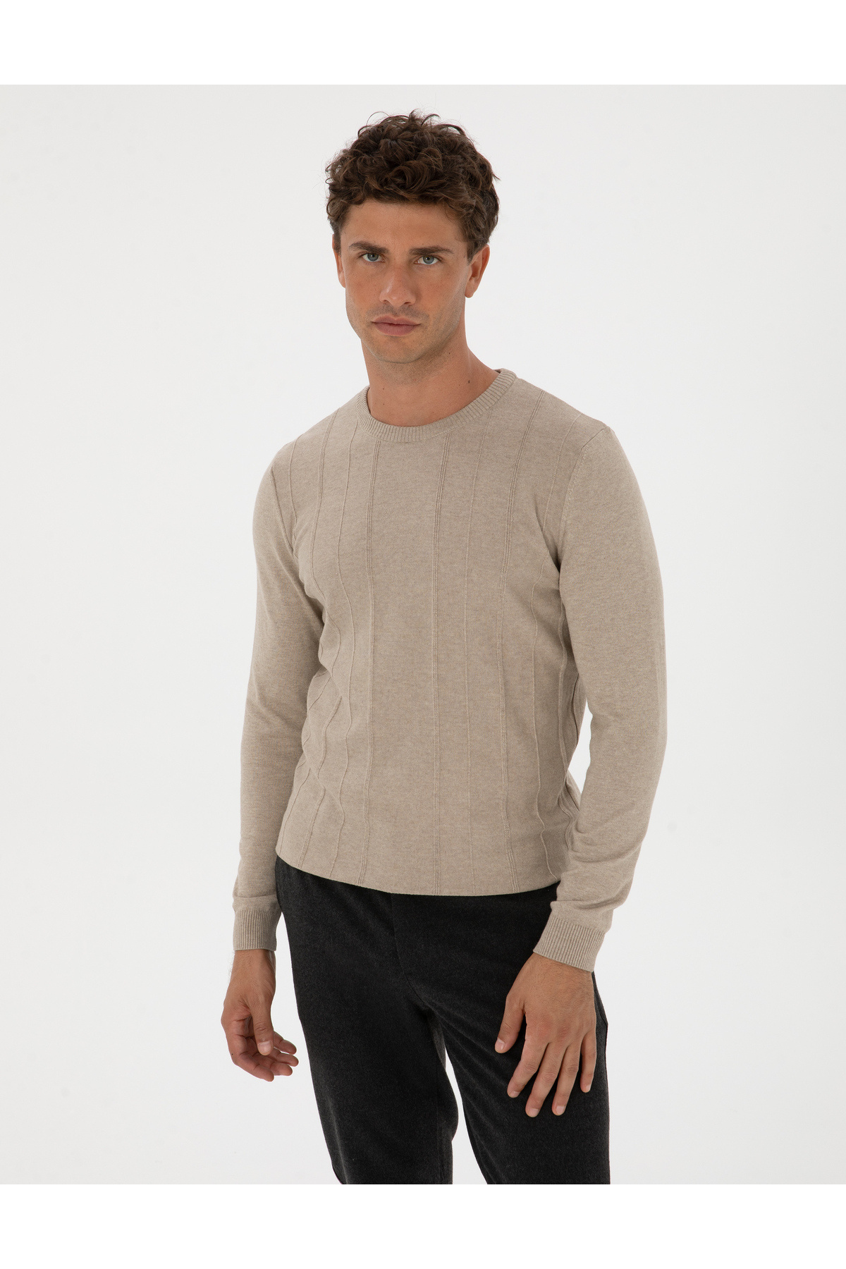پیر کاردین ژاکت بافتنی Sand Melange Slim Fit Crew یقه بافتنی 50315584-VR123