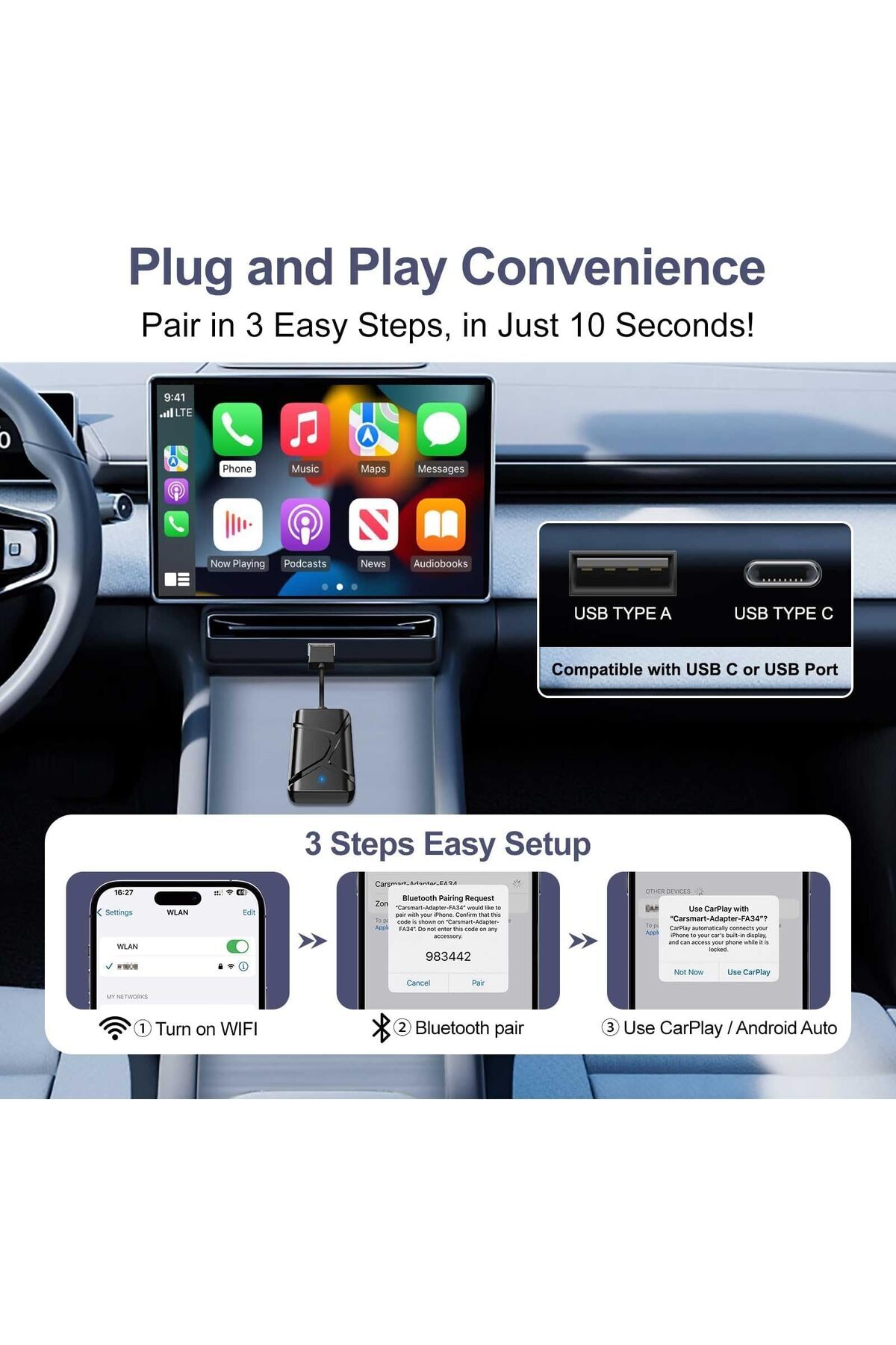 erorex-Upgraded Wireless Carplay & Android Auto Adapter – 2--1 Bluetooth Car Adapter, Usb-C Support, Plug 3