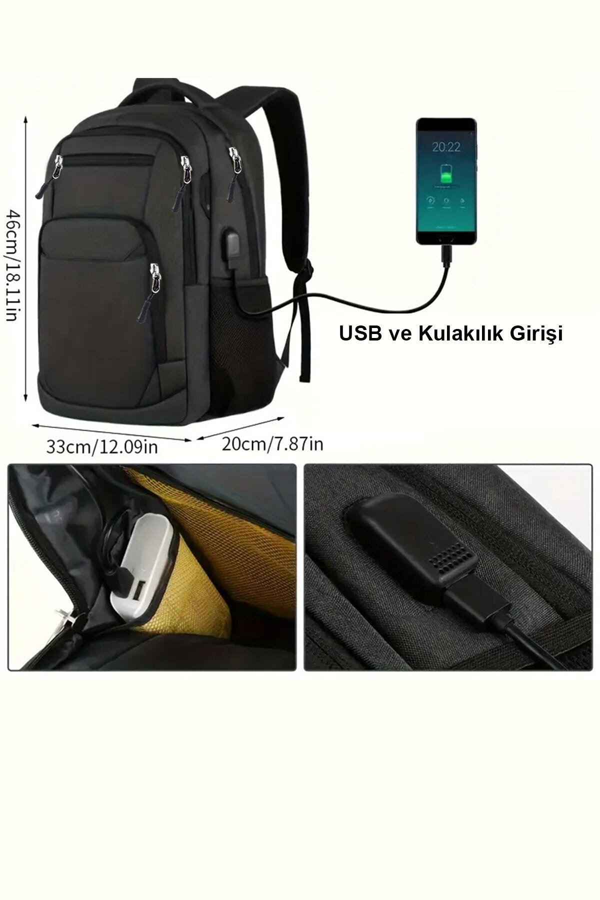 woys  4 Bölmeli USB Portlu Business ve Seyahat Kullanım İçin Siyah Renk Sırt Çantası - Görsel 3