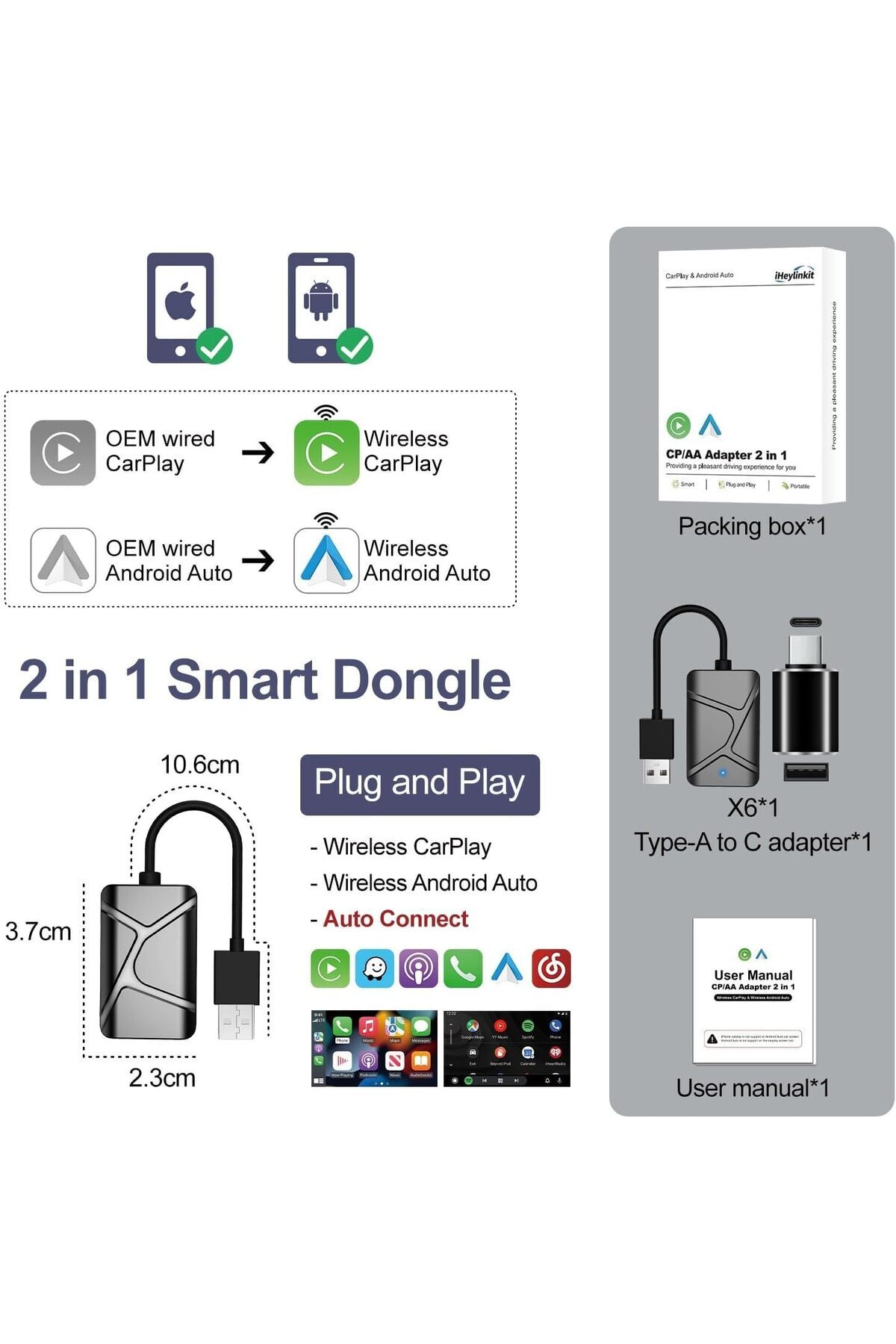erorex-Upgraded Wireless Carplay & Android Auto Adapter – 2--1 Bluetooth Car Adapter, Usb-C Support, Plug 7