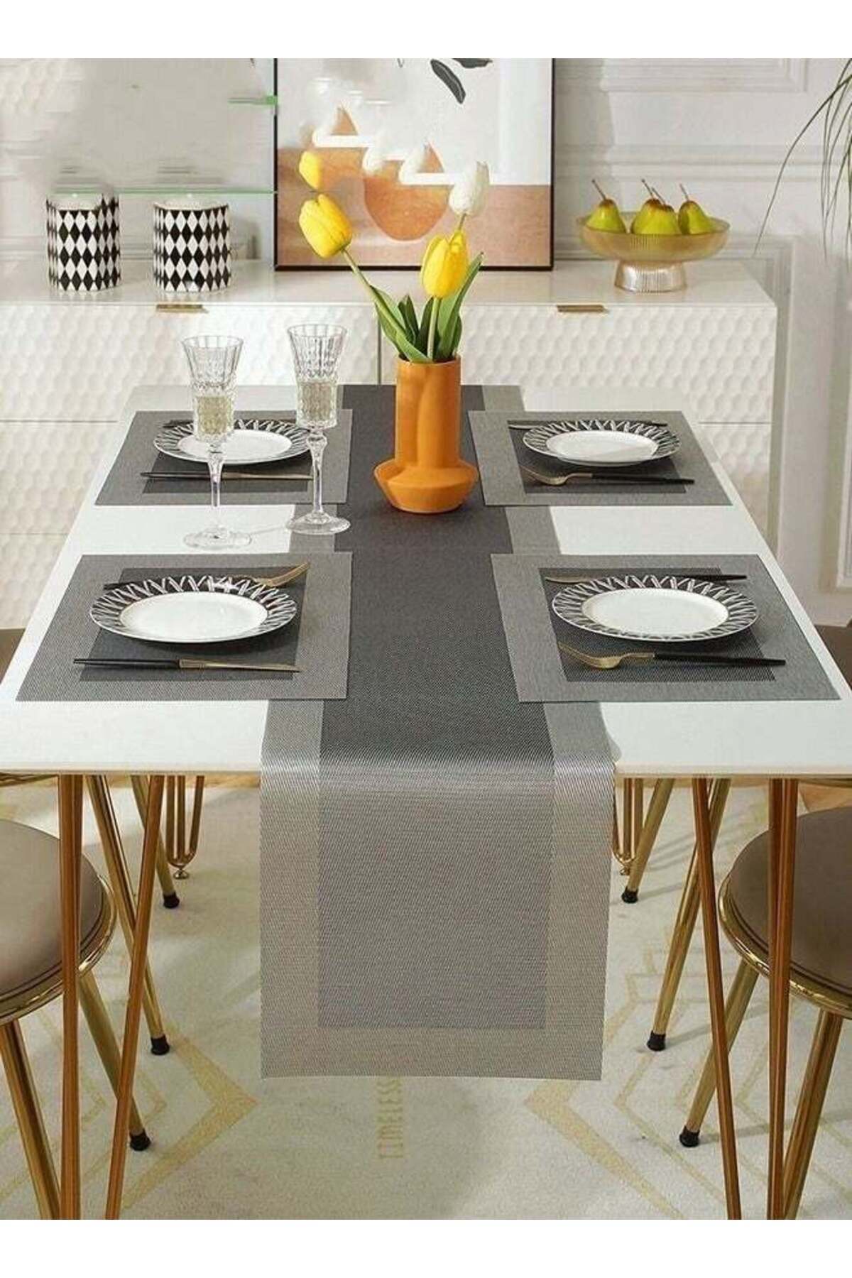 Generic-MIXDE 5PCS Table Runner and Table Mat*4pcs Simple Shape Oil-proof Easy To Clean Suitable For Restau 1