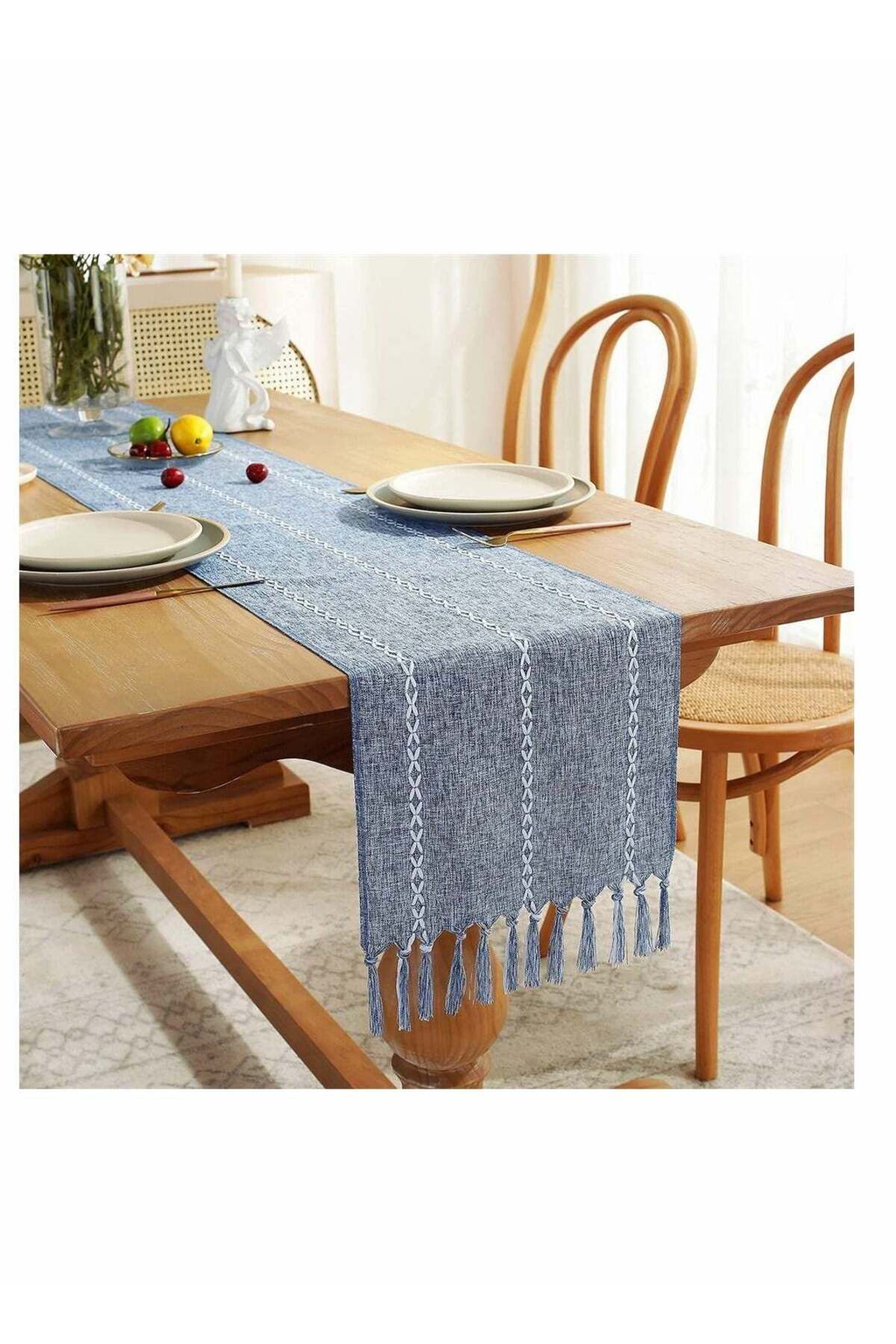 Generic-SYOSI Table Runner, Rustic Linen Table Runner with Handmade Tassel, Embroidered Farmhouse Style Tab 1