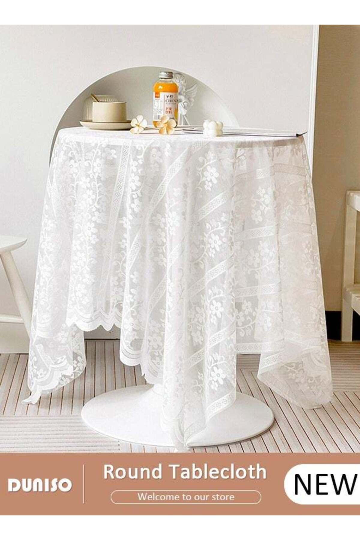 Generic-DUNISO Round Tablecloth White Lace Table Cloth , Washable Hollow Mesh Table Cover, Rectangular Vint 1