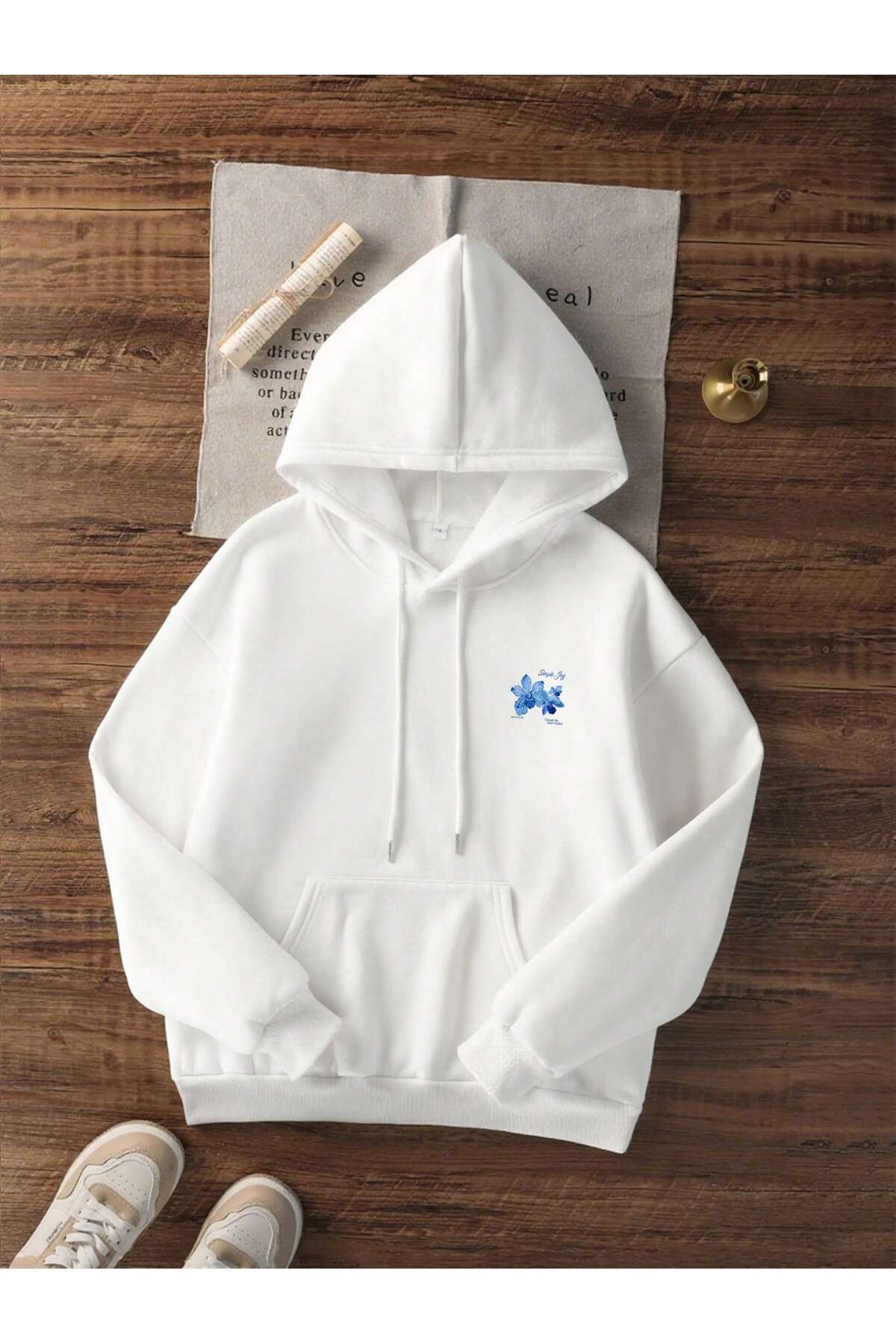 Deocept Unisex Beyaz Oversize Çiçek Baskılı Kapşonlu Sweatshirt görsel 3