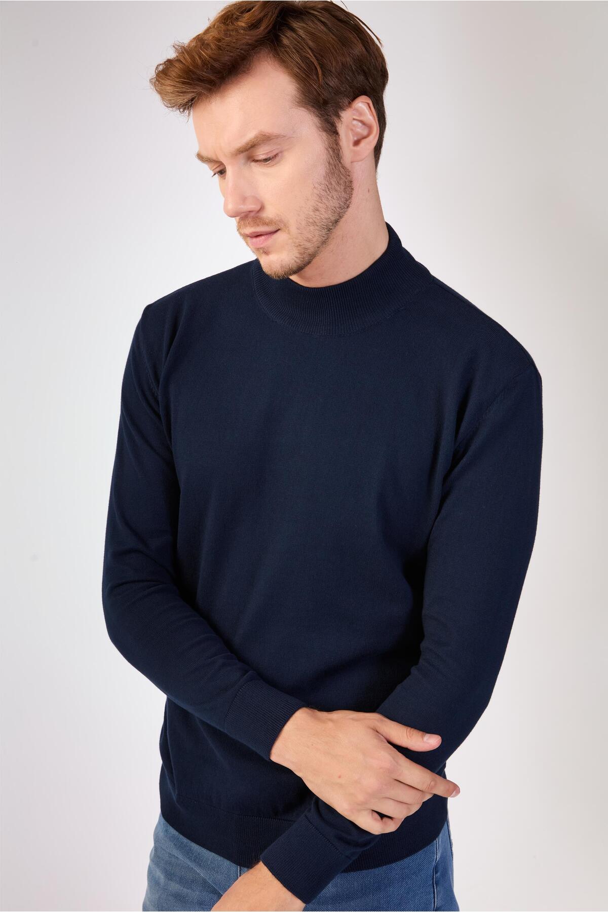 Dufy  Lacivert Yarım Balıkçı %100 Pamuk Düz Renk Slim Fit Erkek Triko - Görsel 5