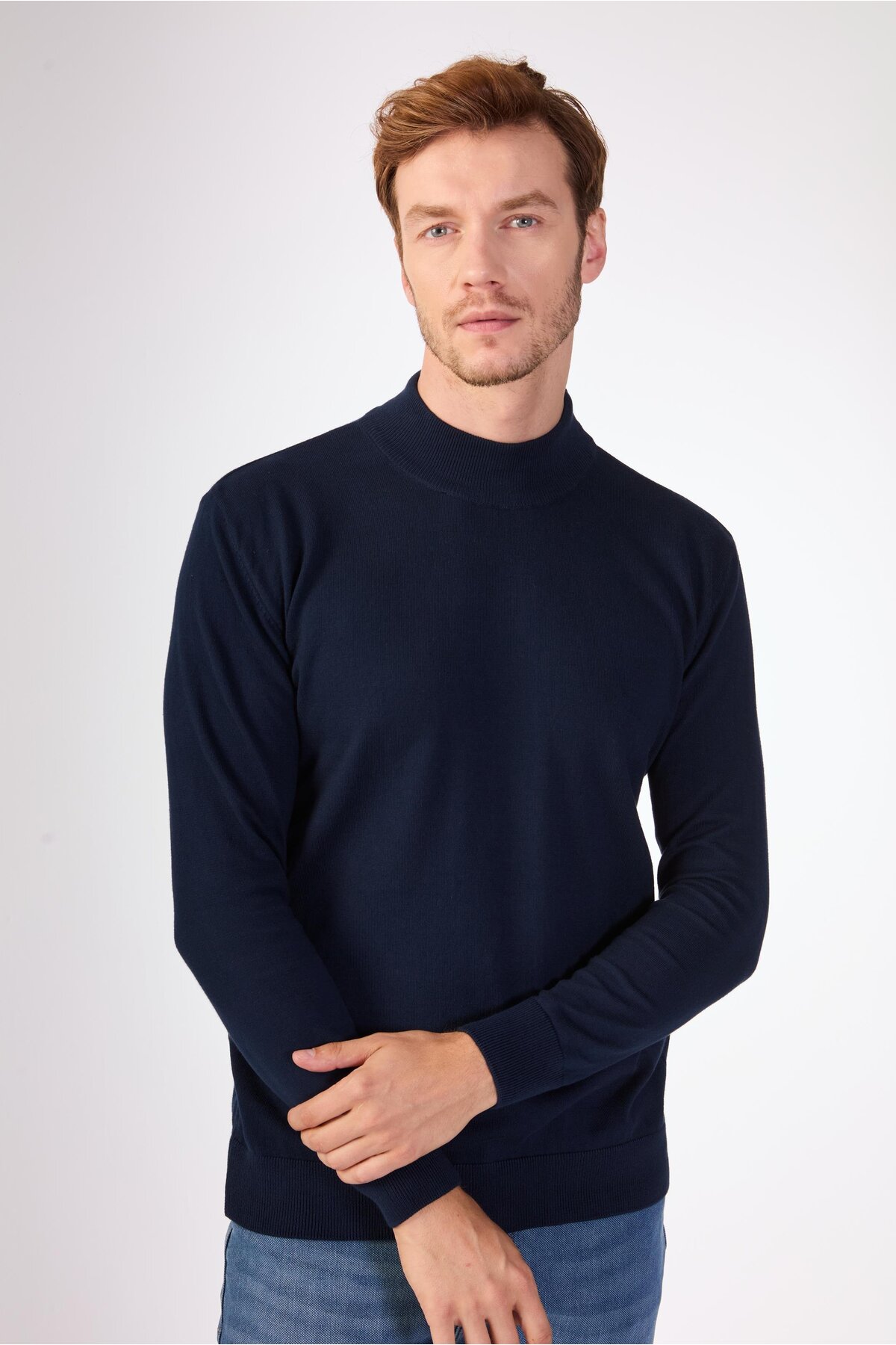 Dufy  Lacivert Yarım Balıkçı %100 Pamuk Düz Renk Slim Fit Erkek Triko - Görsel 3