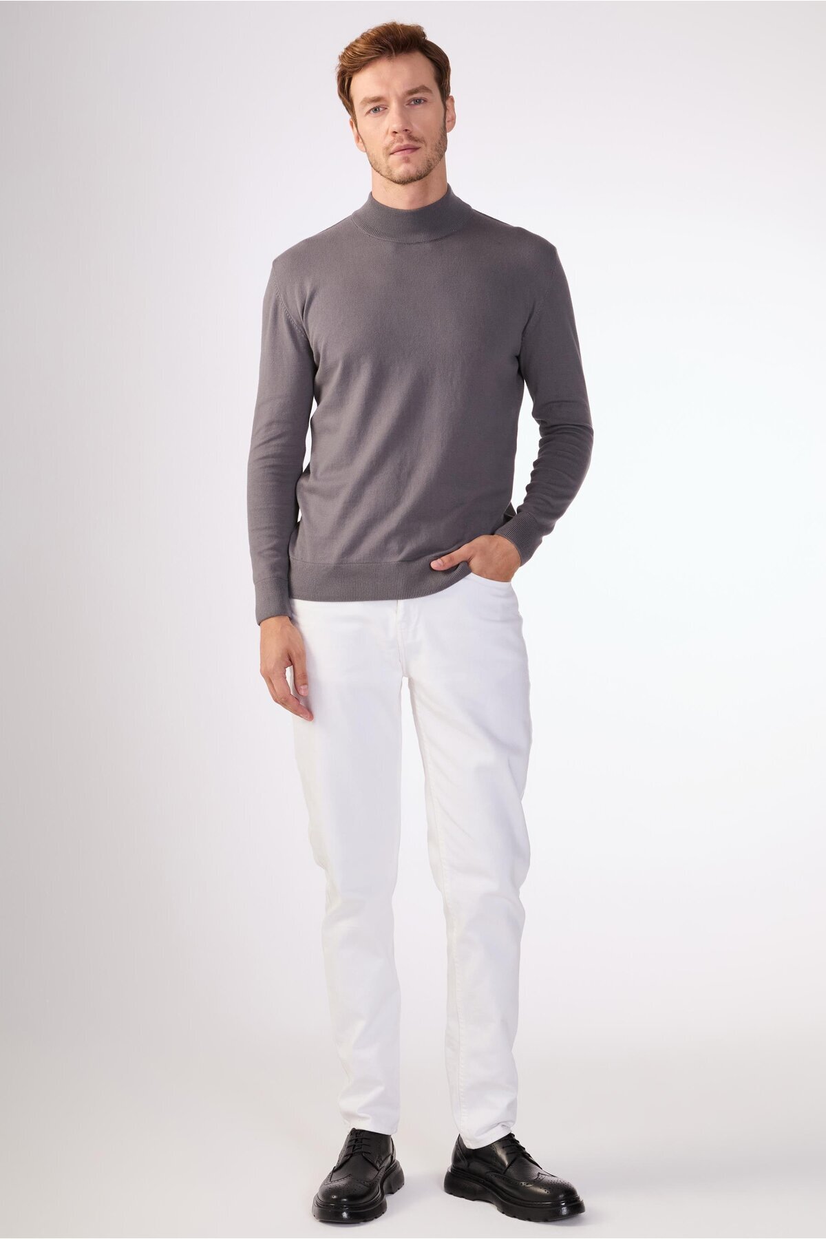 Dufy  Antrasit Yarım Balıkçı %100 Pamuk Düz Renk Slim Fit Erkek Triko - Görsel 5