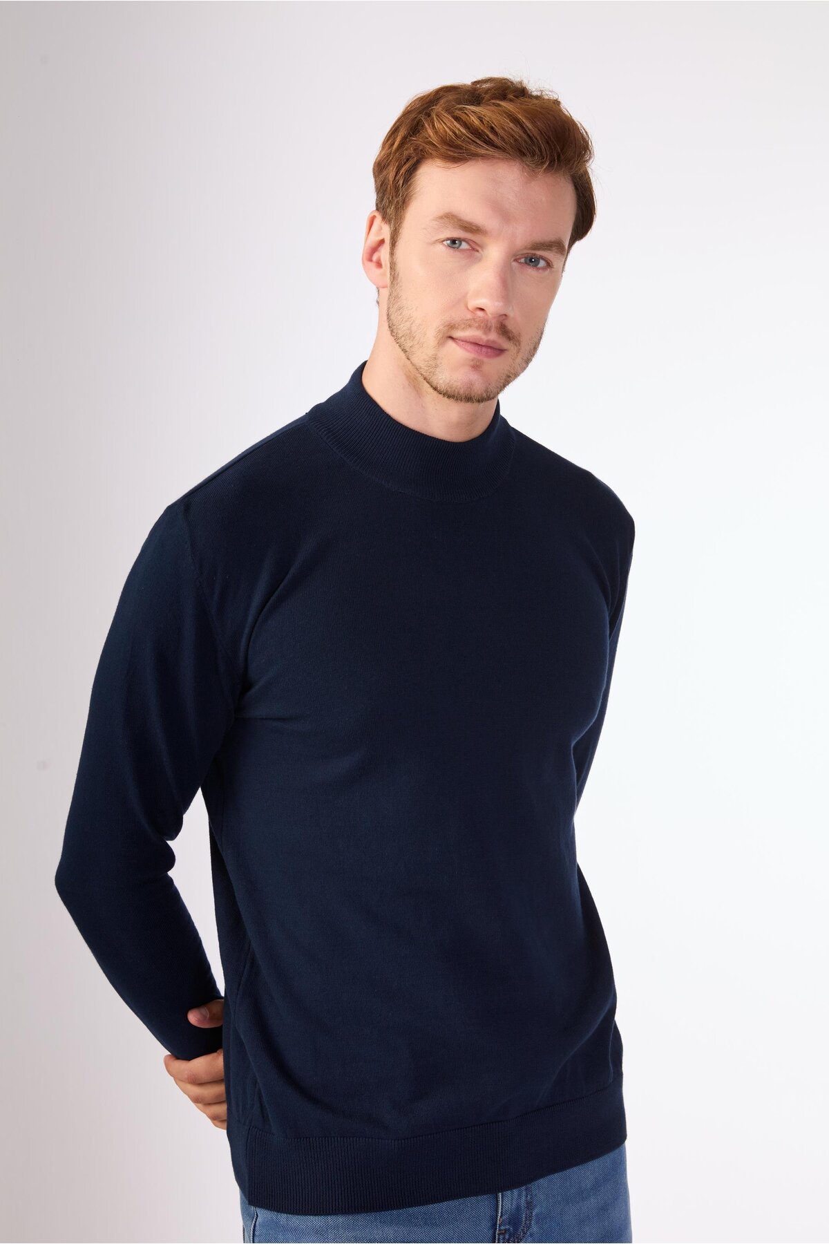 Dufy  Lacivert Yarım Balıkçı %100 Pamuk Düz Renk Slim Fit Erkek Triko - Görsel 4