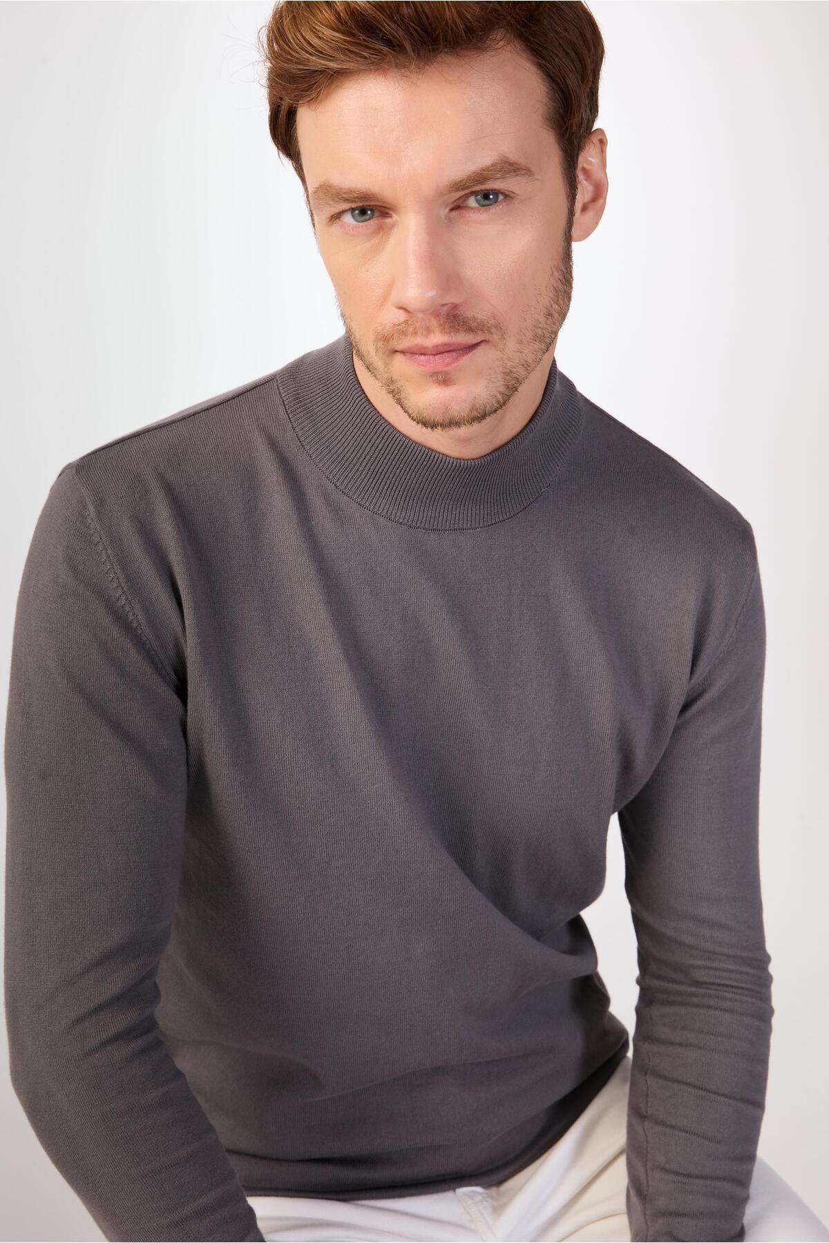 Dufy  Antrasit Yarım Balıkçı %100 Pamuk Düz Renk Slim Fit Erkek Triko - Görsel 3