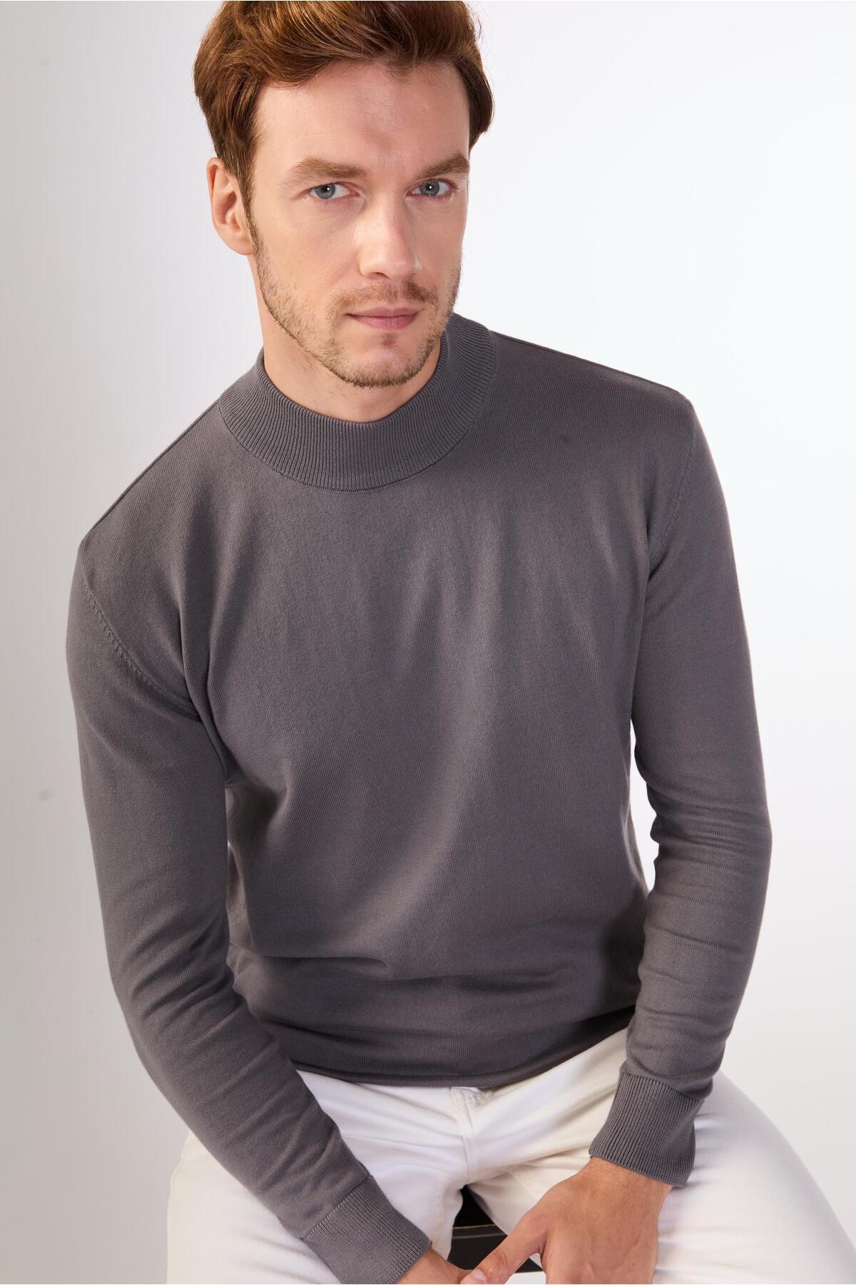 Dufy  Antrasit Yarım Balıkçı %100 Pamuk Düz Renk Slim Fit Erkek Triko - Görsel 2