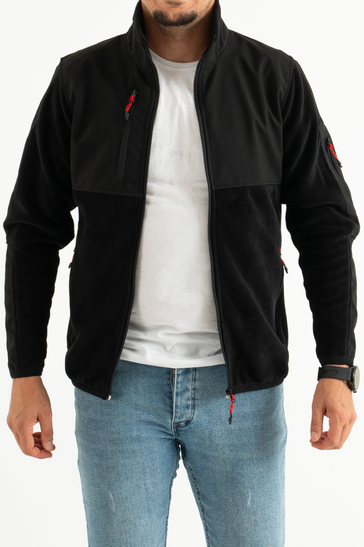 Souris Erkek Siyah Dar Kalıp Anti-pilling Tüylenme Yapmayan Tam Fermuar Softshell Garnili Polar Sweatshirt görsel 3