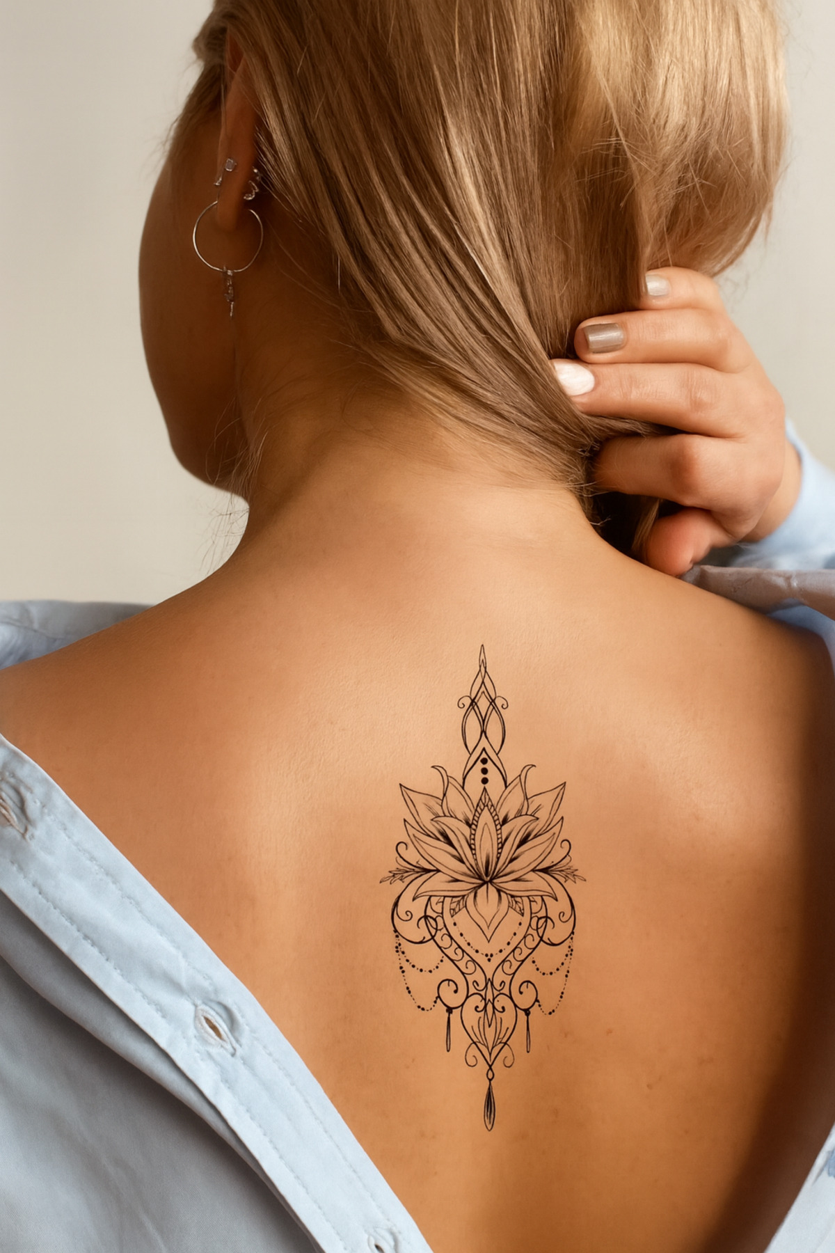 Lorvia Gerçekçi Exile Mandala Desenli Lotus Çiçeği Geçici Dövme Tattoo – Kadın Sırt Aksesuarı