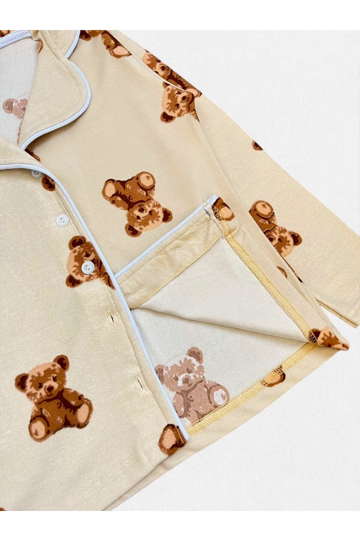 Fil Kids Kız Çocuk Pamuklu Kumaş Süet Bej Ayıcık Desenli Uyku Bantlı Biyeli Gömlek Yaka Pijama Takımı fotoğrafı 5 (önizleme)