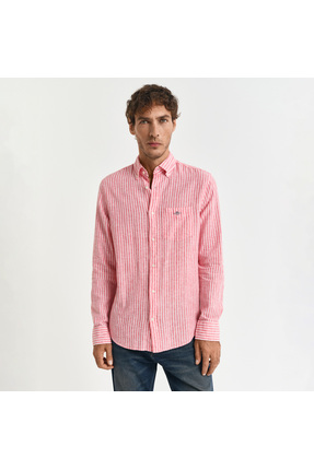 Gant Erkek Kırmızı Regular Fit Düğmeli Yaka Çizgili Keten Gömlek