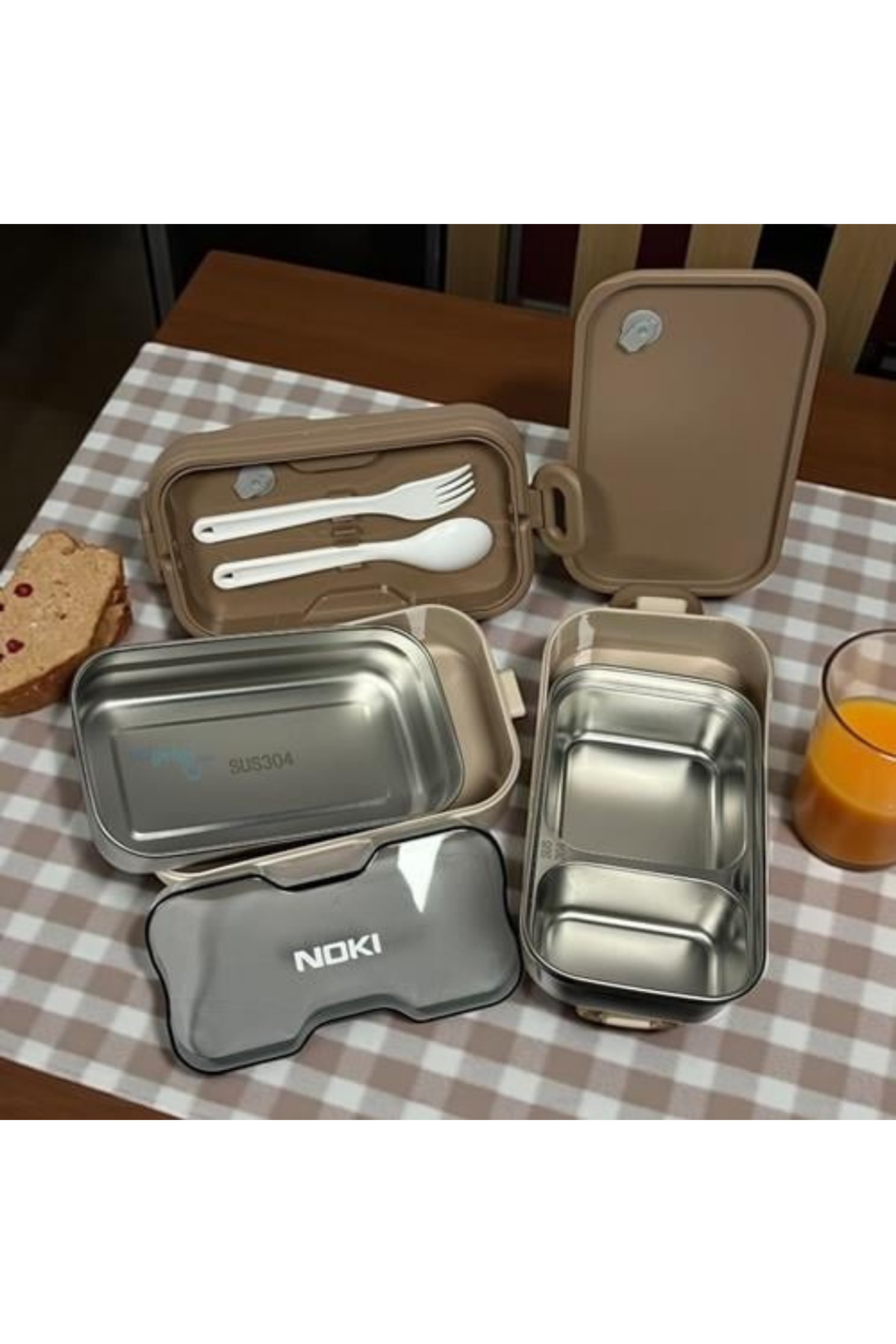 Next Plus-Bento Stainless Steel 1300ml Two-Layer Three-Compartment Lunch Box Food Container with Fork and Spoon 3
