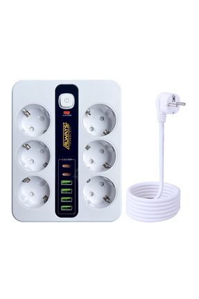leeways Akım Korumalı 6'lı Grup Priz 4 USB'li ve 2 TYPE-C li 6'lı Grup Priz 2...