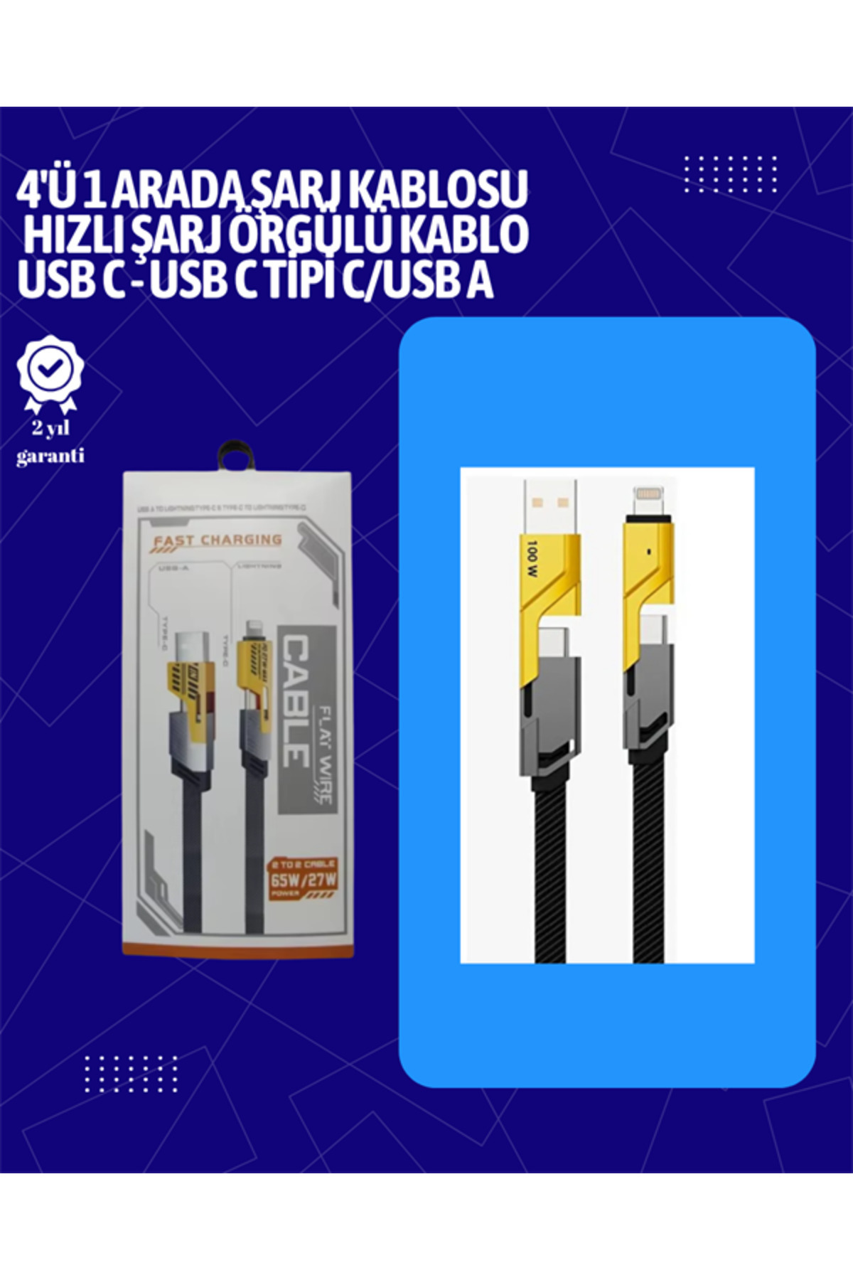 Flamex USB-C ve Lightning Uyumlu 4'ü 1 Arada Kablo – 65W Hızlı Şarj, Örgülü Dayanıklı Yapı