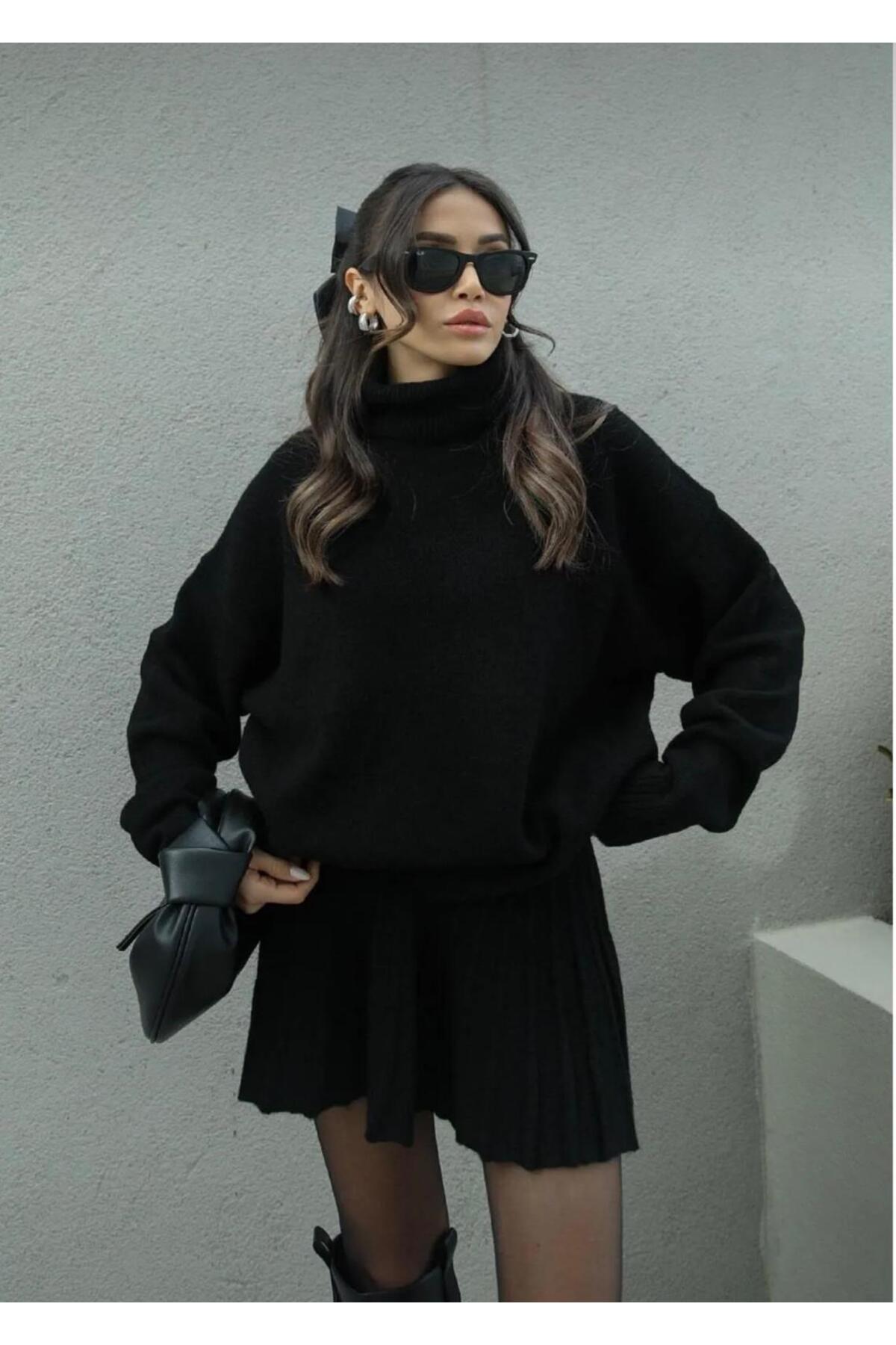 DGN'S ENSEMBLE JUPE PLISSÉE À 2 VOLANTS ET PULL À COL ROULÉ FEMME TRICOT - Görsel 5