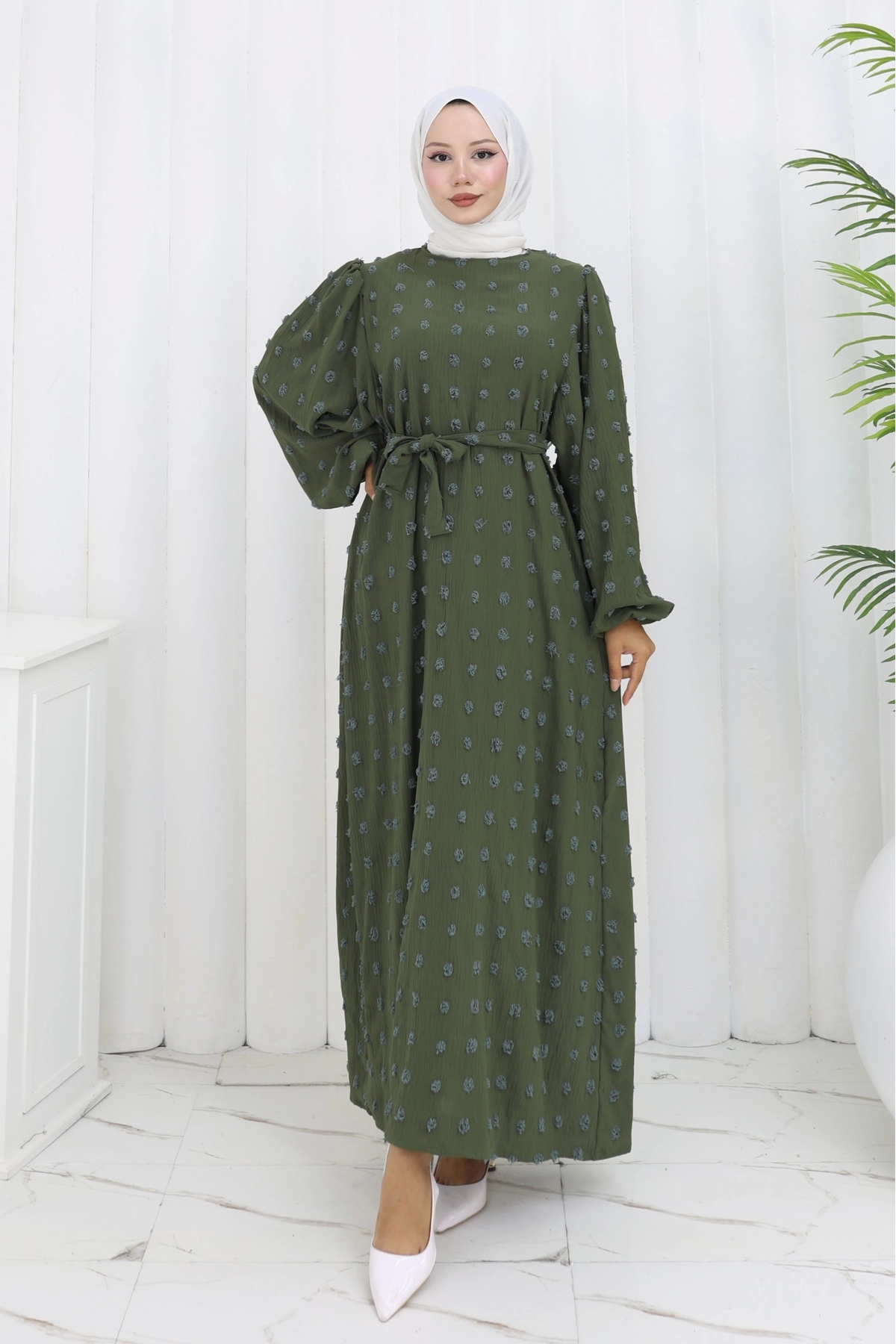 Pompom Detailed Belted Dress Khaki