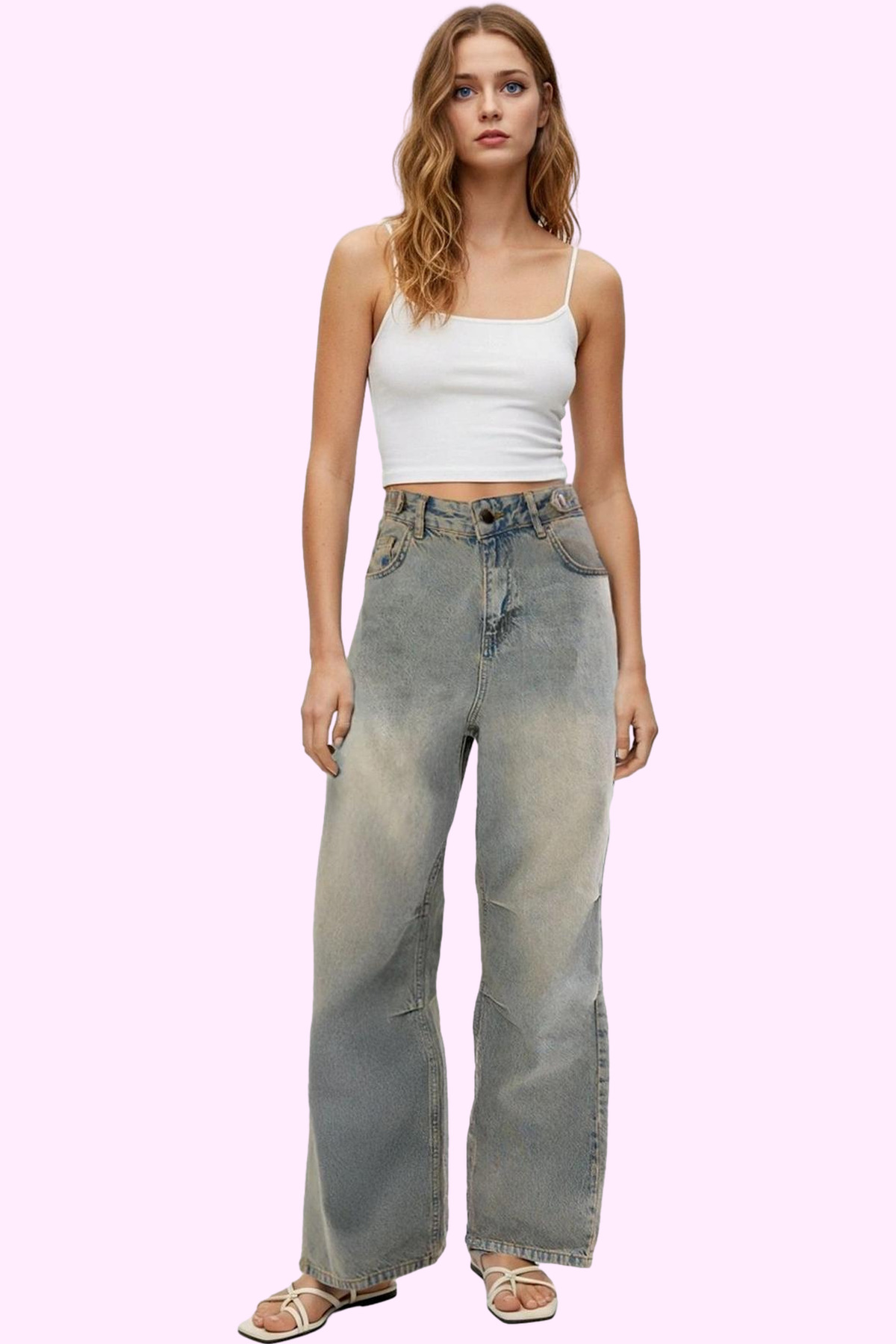 Kadın Moda Yüksek Bel Geniş Paça Baggy Jean Pantolon Pamuk Günlük Kombinler Mevsimlik Kullanım