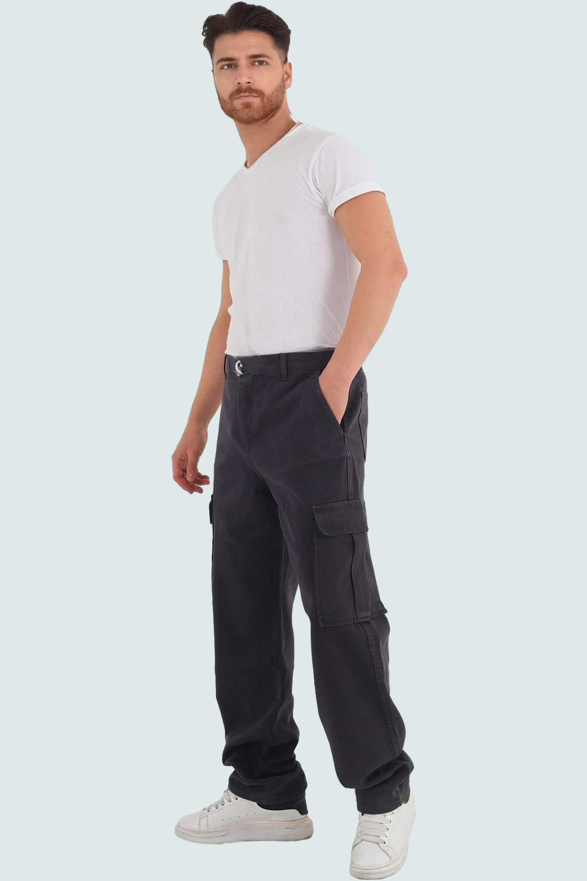 Erkek Moda Gabardin Bol Kesim Kargo Pantolon Pamuklu Günlük Kullanım için Rahat Kullanım