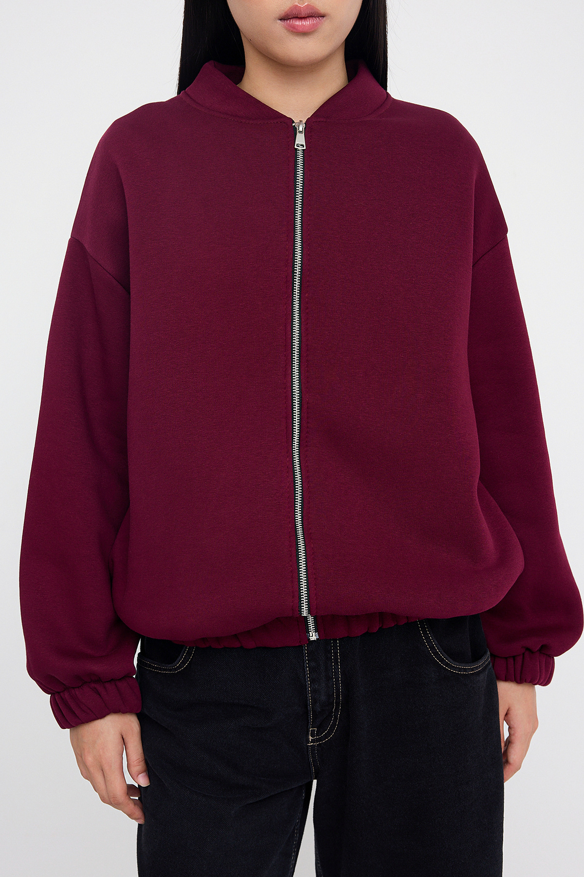 Trendyolmilla  Teen Koyu Bordo Fermuarlı Oversize/Geniş Kalıp Kalın İçi Polarlı Örme Sweatshirt TWOAW25SW00122 - Görsel 3