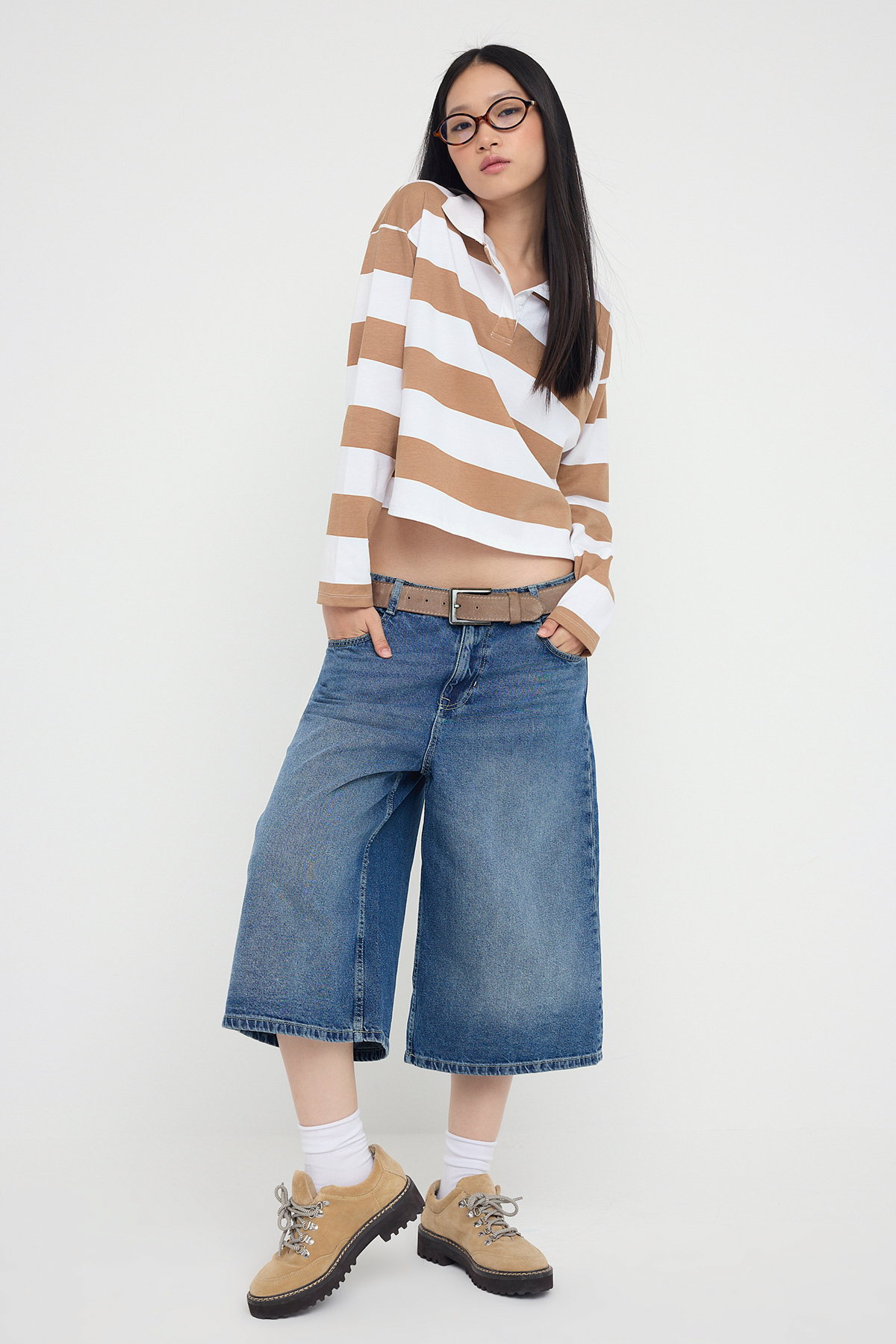 Trendyolmilla  Teen Vizon Çizgili Polo Yaka Relaxed Crop/Rahat Kısa Örme T-shirt TWOAW26TS00011 - Görsel 2