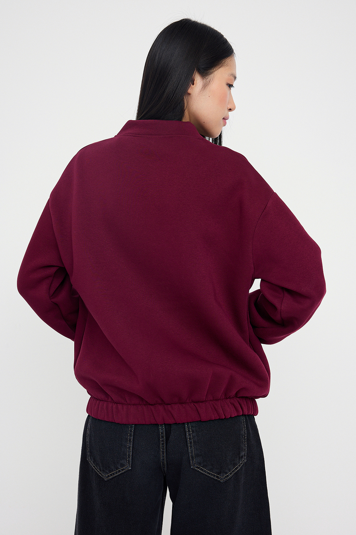 Trendyolmilla  Teen Koyu Bordo Fermuarlı Oversize/Geniş Kalıp Kalın İçi Polarlı Örme Sweatshirt TWOAW25SW00122 - Görsel 4