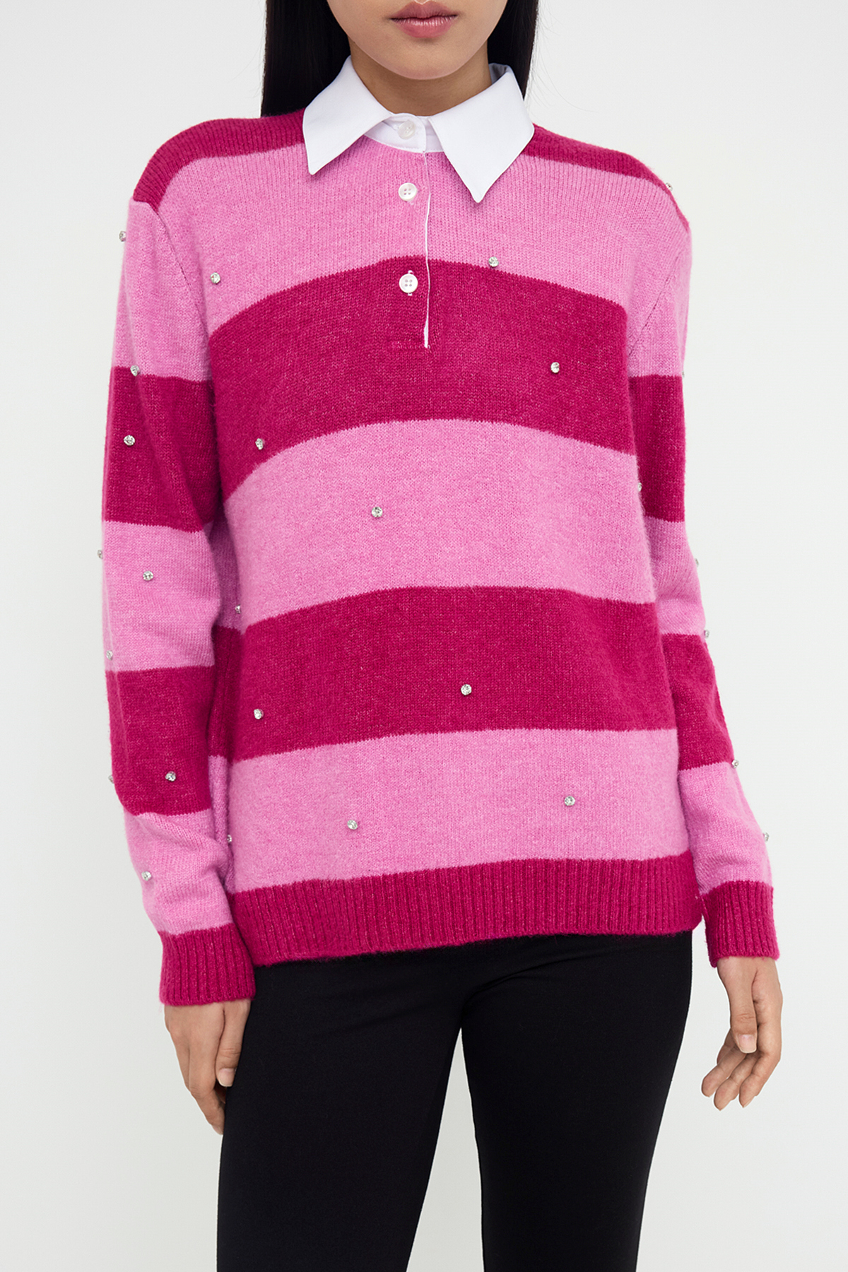 Trendyolmilla  Teen Pembe Yumuşak Dokulu Geniş Kalıp Yaka Garnili Taş İşlemeli Triko Kazak TWOAW26KZ00034 - Görsel 3