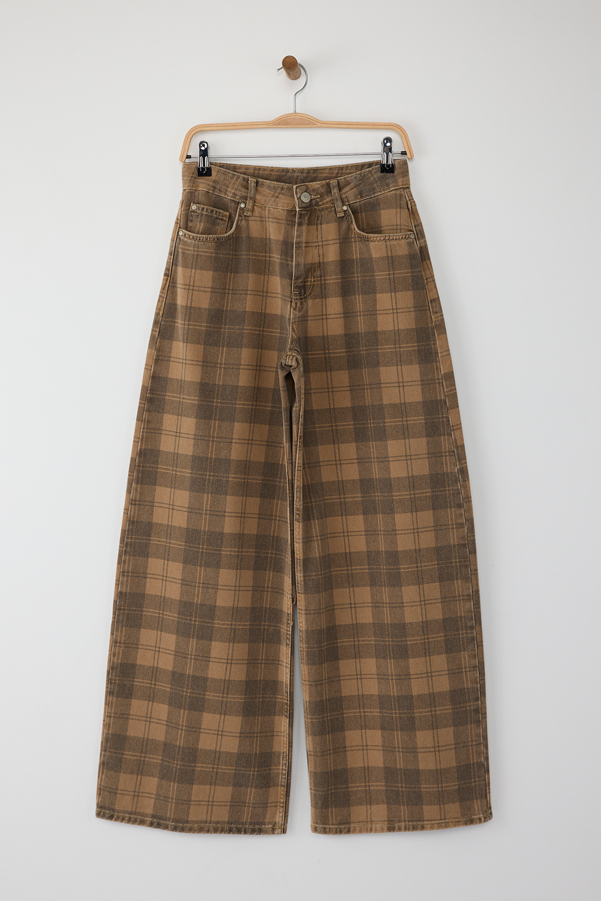 Trendyol Collection Mehrfarbige, normale Taille, kariertes Muster, weites Bein, weites Bein, 100 % Baumwolle, nicht dehnbare Jeans TWOAW26JE00024