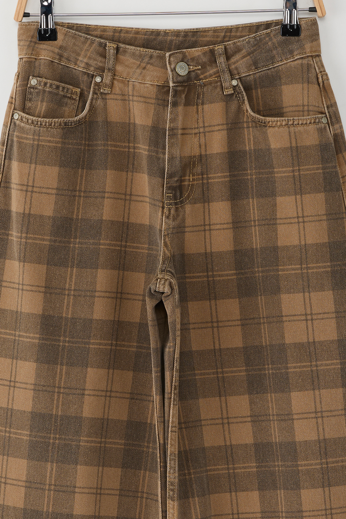 Trendyolmilla  Çok Renkli Normal Bel Ekose Desenli Wide Leg Geniş Paça %100 Pamuk Non-Stretch Jeans TWOAW26JE00024 - Görsel 6