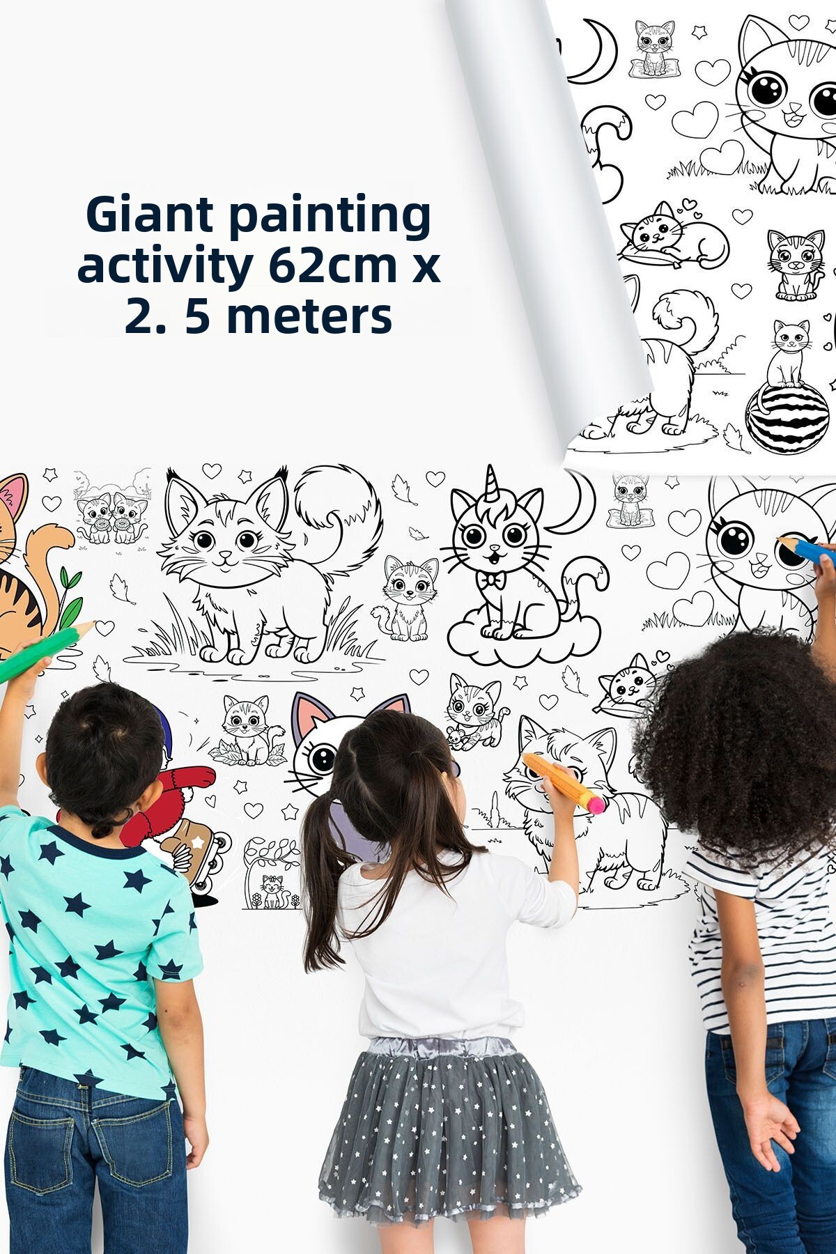 کاغذ فعالیت رول‌شده رنگ‌آمیزی گربه‌های بامزه غول‌پیکر، ابعاد ۲.۵ متر × ۶۲ سانتی‌متر