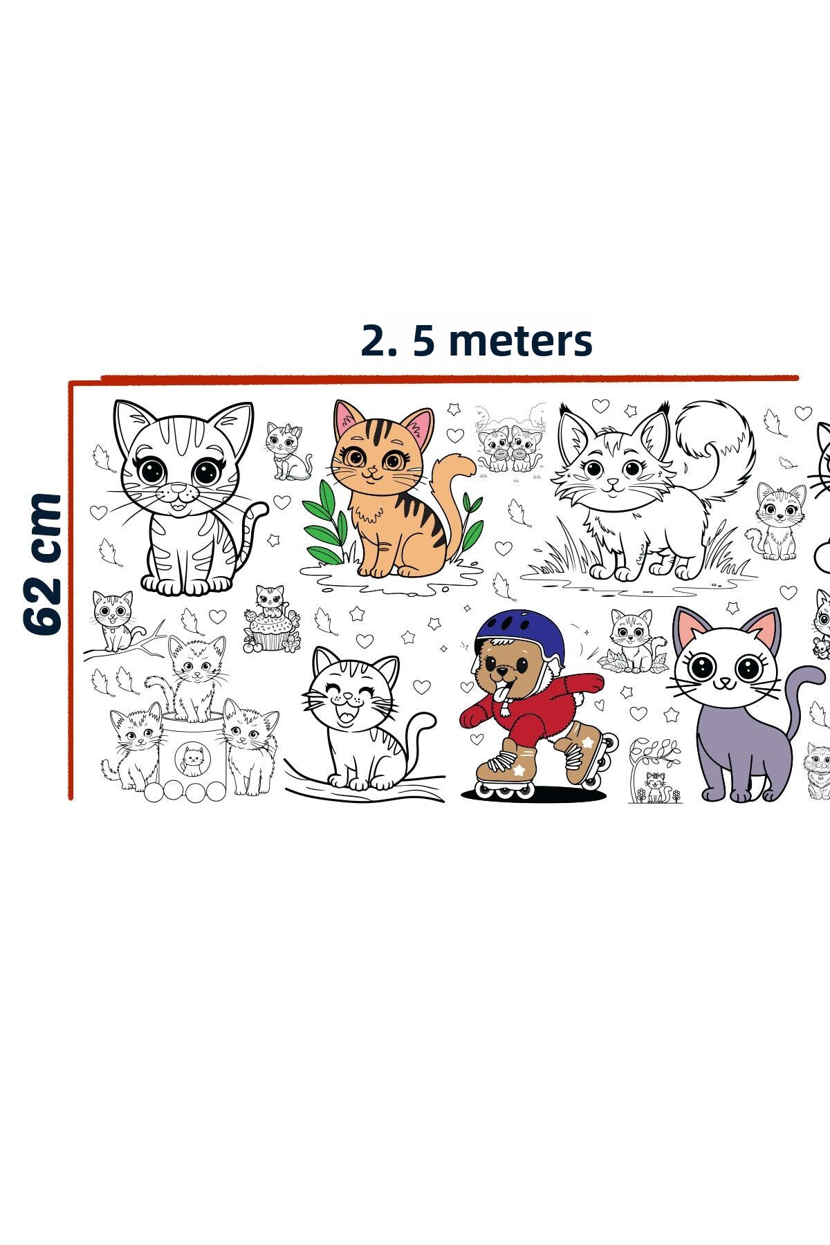 کاغذ فعالیت رول‌شده رنگ‌آمیزی گربه‌های بامزه غول‌پیکر، ابعاد ۲.۵ متر × ۶۲ سانتی‌متر