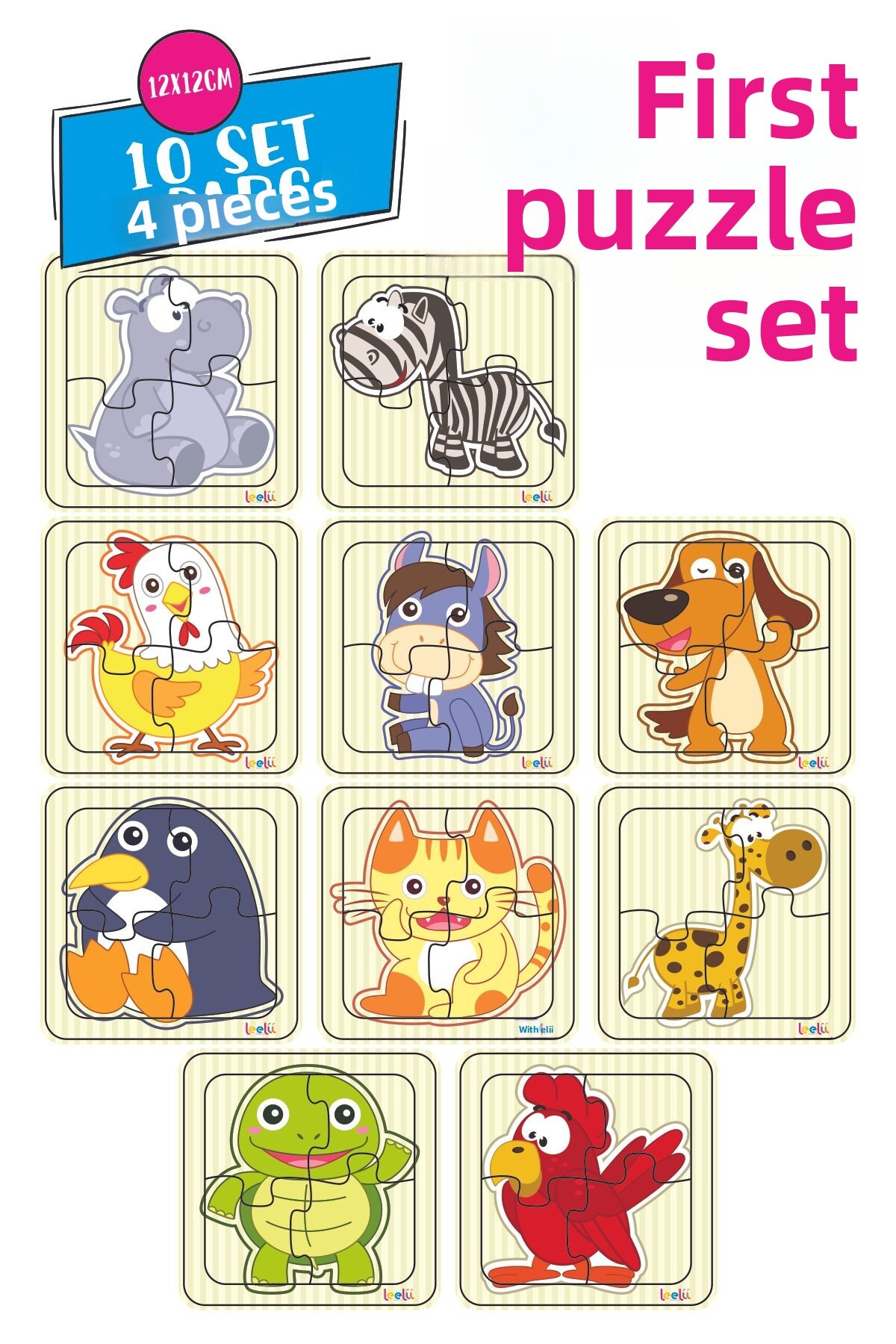 پازل چوبی حیوانات بامزه: زebra، مرغ، سگ، پنگوئن، گربه، زرافه و غیره. ست ۱۰ عددی ۴ تکه