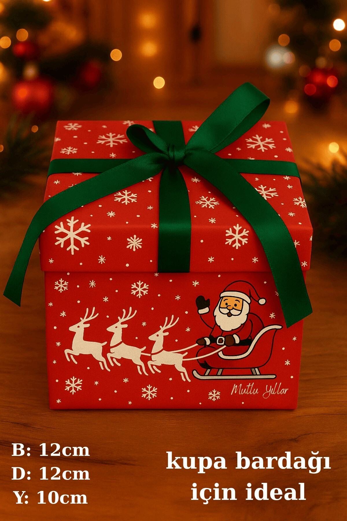 Emtory Yılbaşı Hediye Kutusu Kırmızı Noel Baba Geyikli - Hediye Paketi - Yılbaşı Süsü - Kurdele Dahil