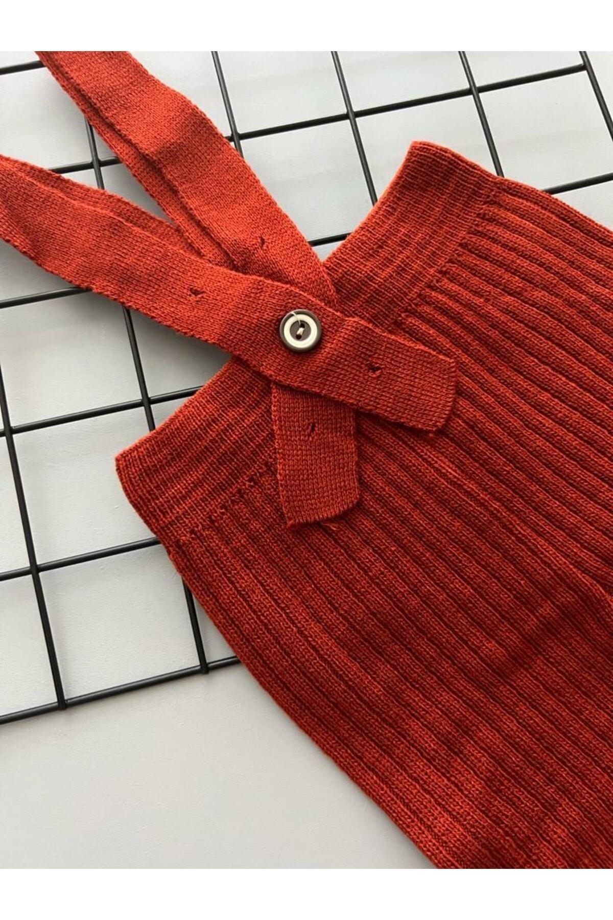 Sparrow Laurel Kiremit Rengi Yüksek Bel Önden Çapraz Askılı Ayarlanabilir Fitilli Bebek Triko Tayt fotoğrafı 5 (önizleme)