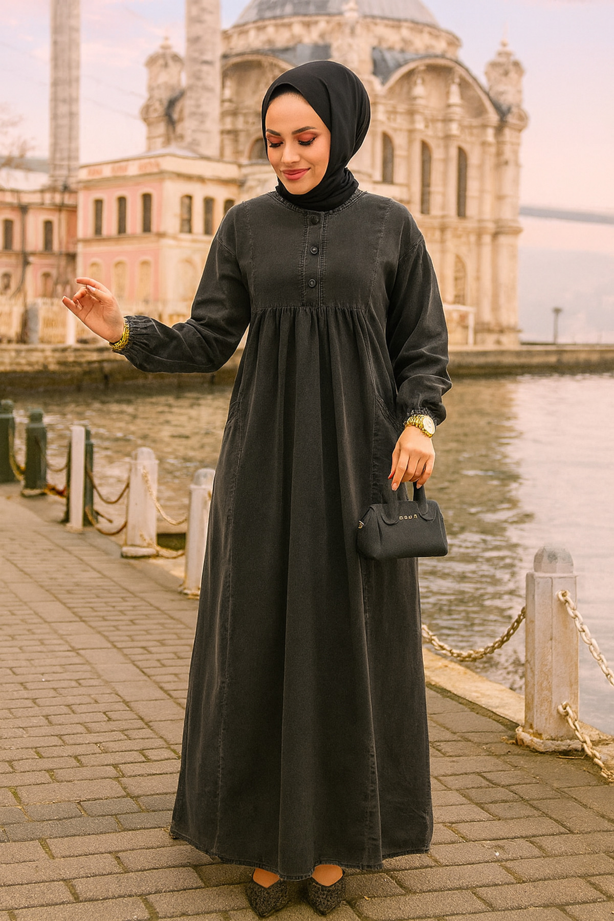 Neva Style-Anthracite Colored Buttoned Hijab Dress - 19139Ant 1