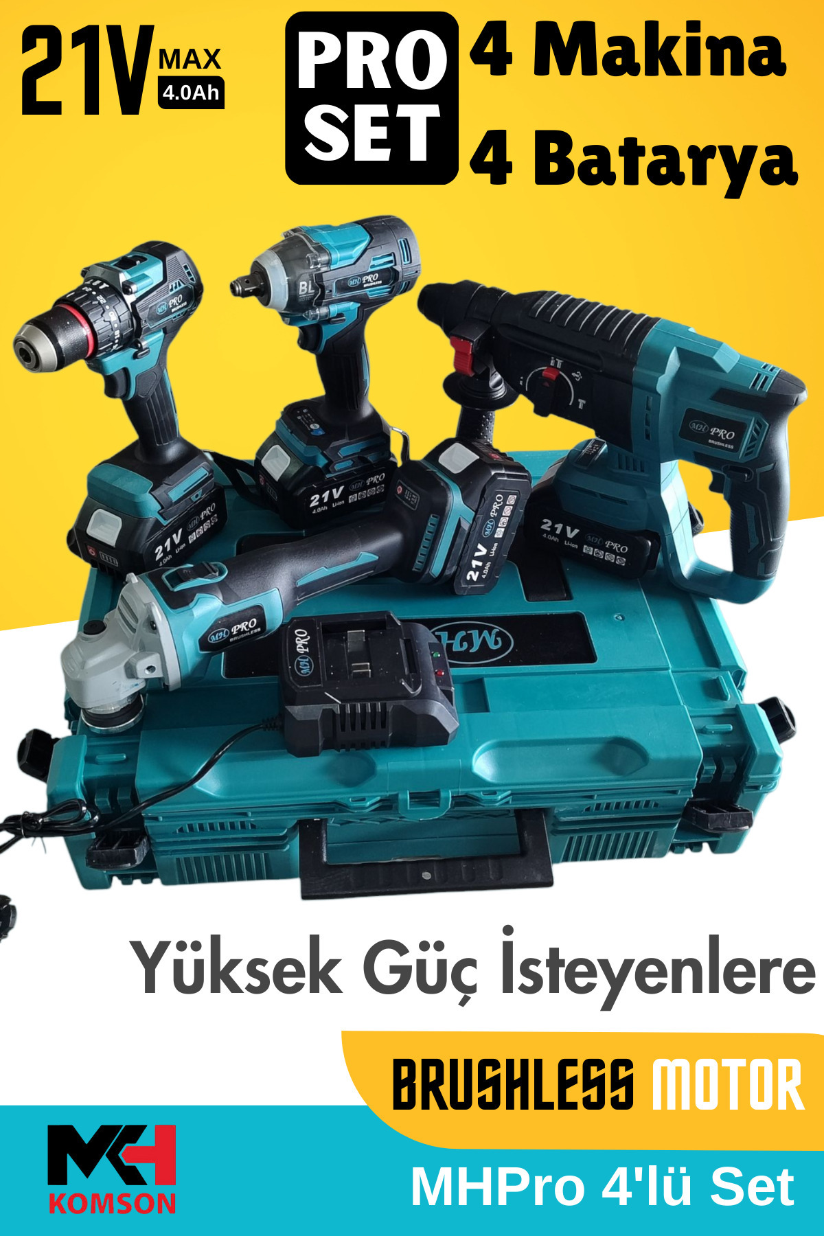 よしさん専用 Genel Markalar 4'lü Set 21V 4Ah Matkap, Kırıcı Delici, Taşlama