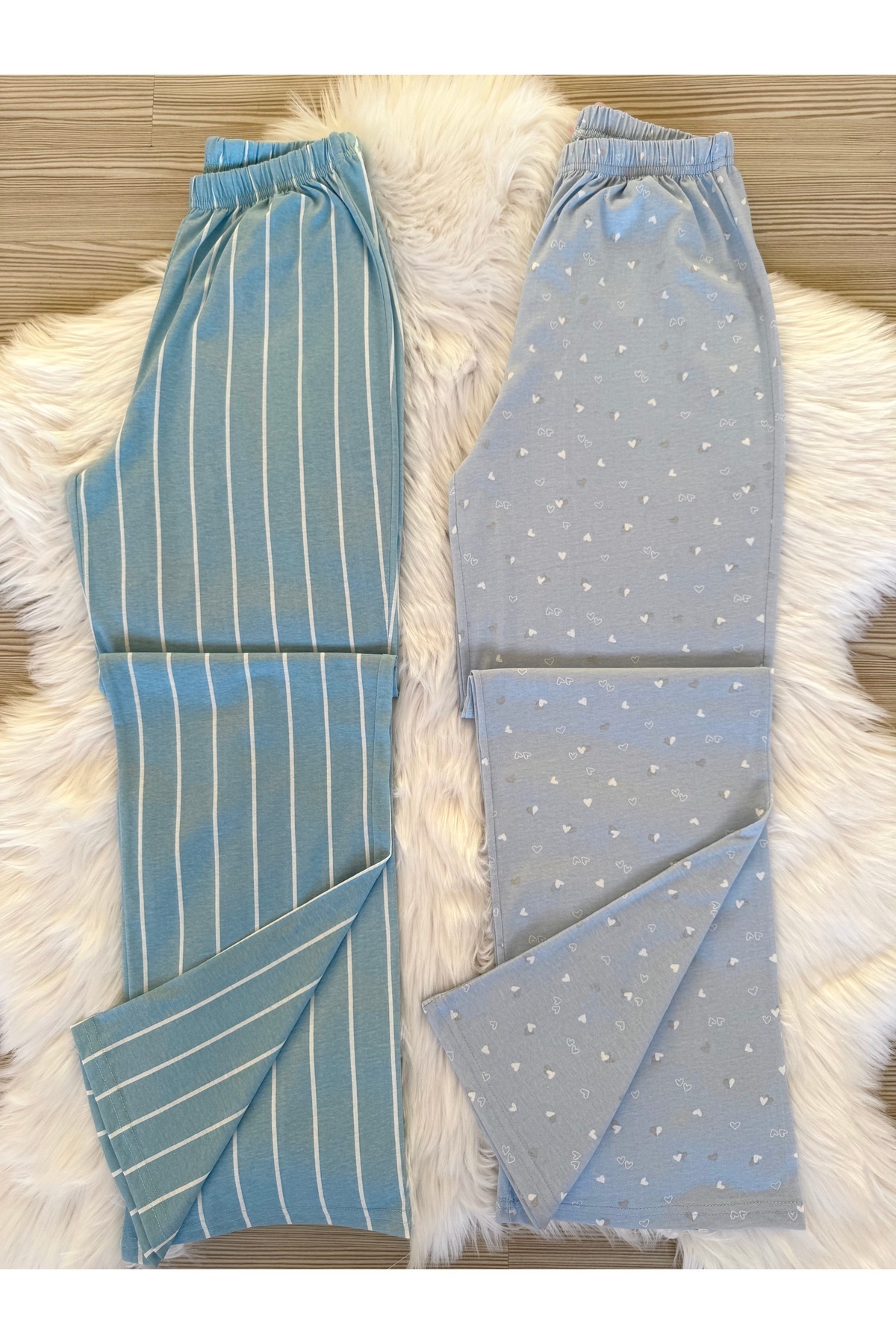 Pijamacs Mavi Mini Kalp ve Çizgili Desenli 2'li Pijama Altı