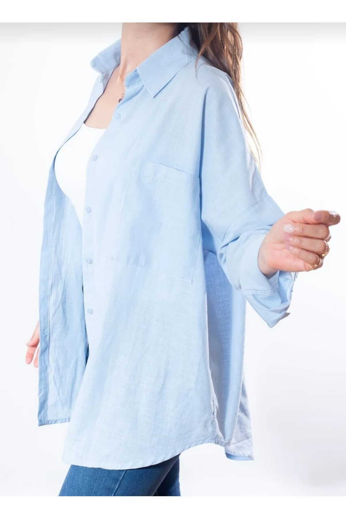 blackbonds  Kadın Keten bebemavi Gömlek Yazlık Oversize Gömlek Yeni Sezon - Görsel 6