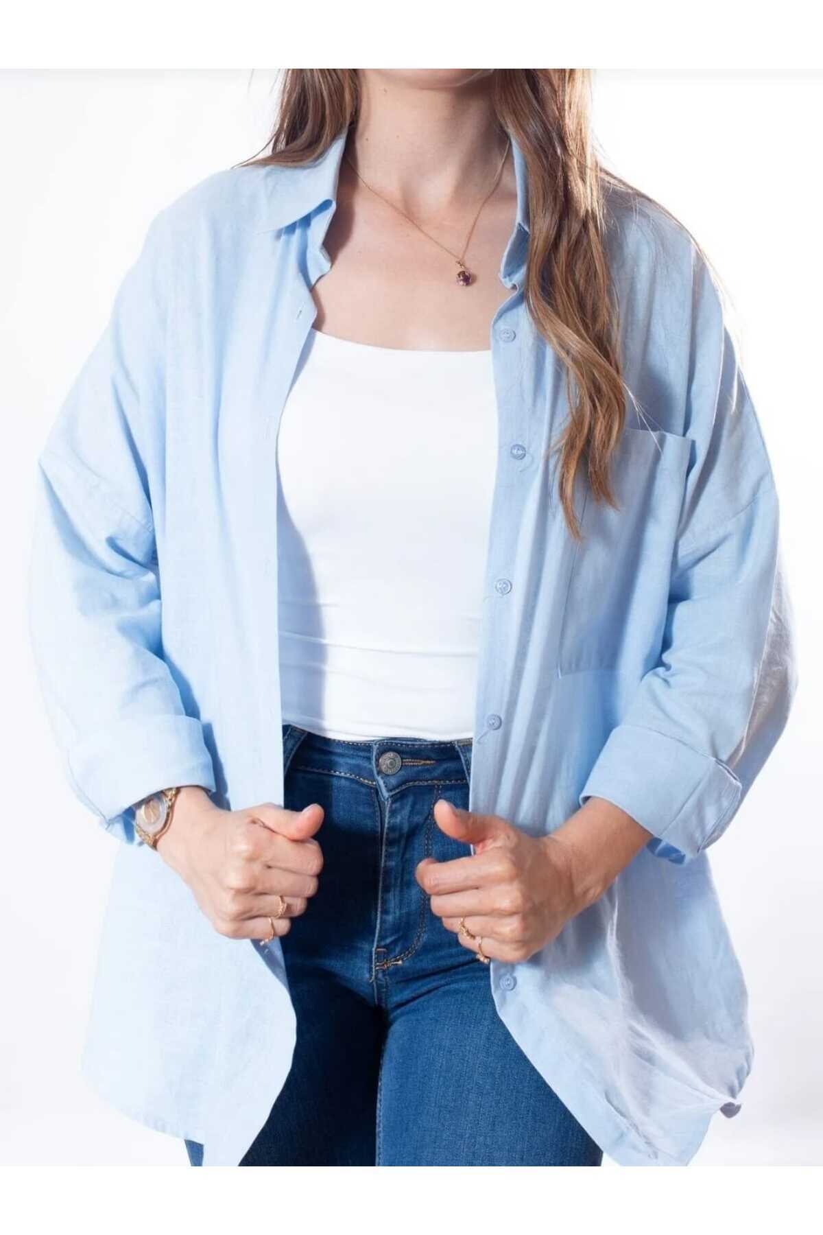 blackbonds  Kadın Keten bebemavi Gömlek Yazlık Oversize Gömlek Yeni Sezon - Görsel 4