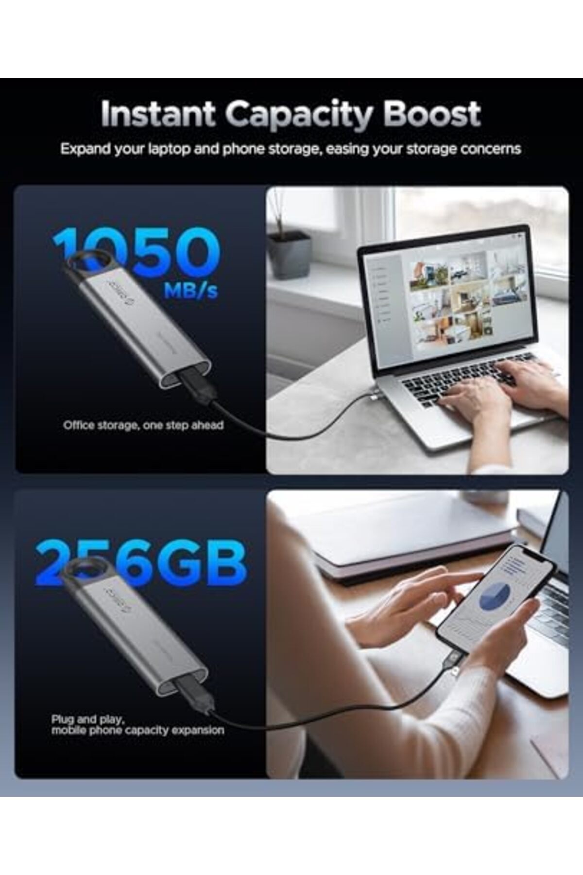 Orico-محرك أقراص SSD خارجي بسعة 1 تيرابايت بسرعة تصل إلى 1050 ميجابايت/ثانية، بتصميم فتحة معلقة، محرك أقراص ذو حالة صلبة محمول، منفذ USB C&A 2 بوصة 8
